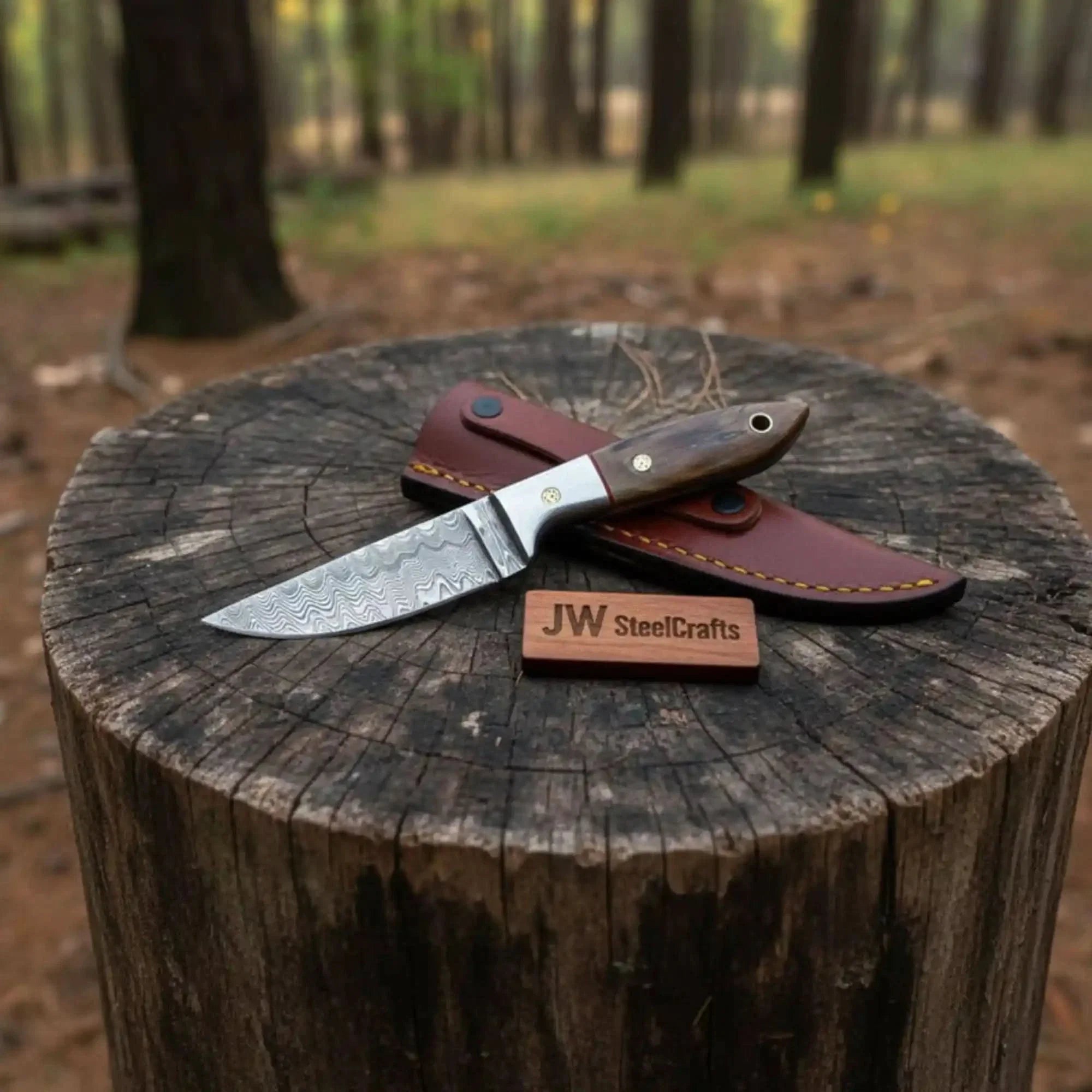 Small Damascus Utility Knife Rosewood Handle With Leather Sheath