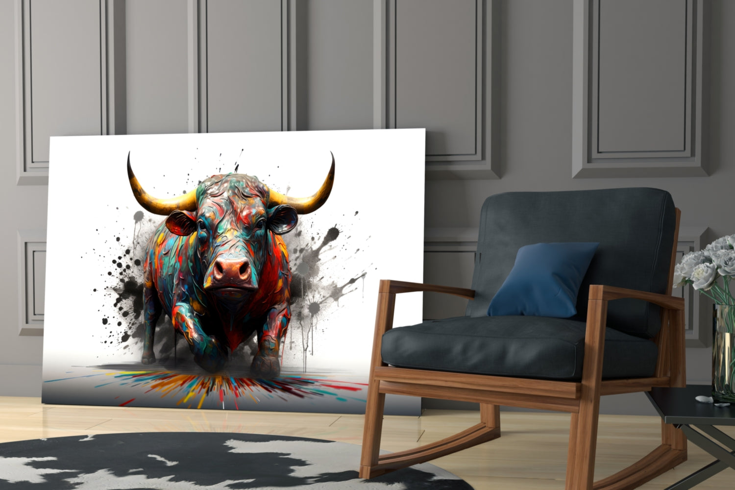 Rainbow Bull White Splash Glass Wall Art