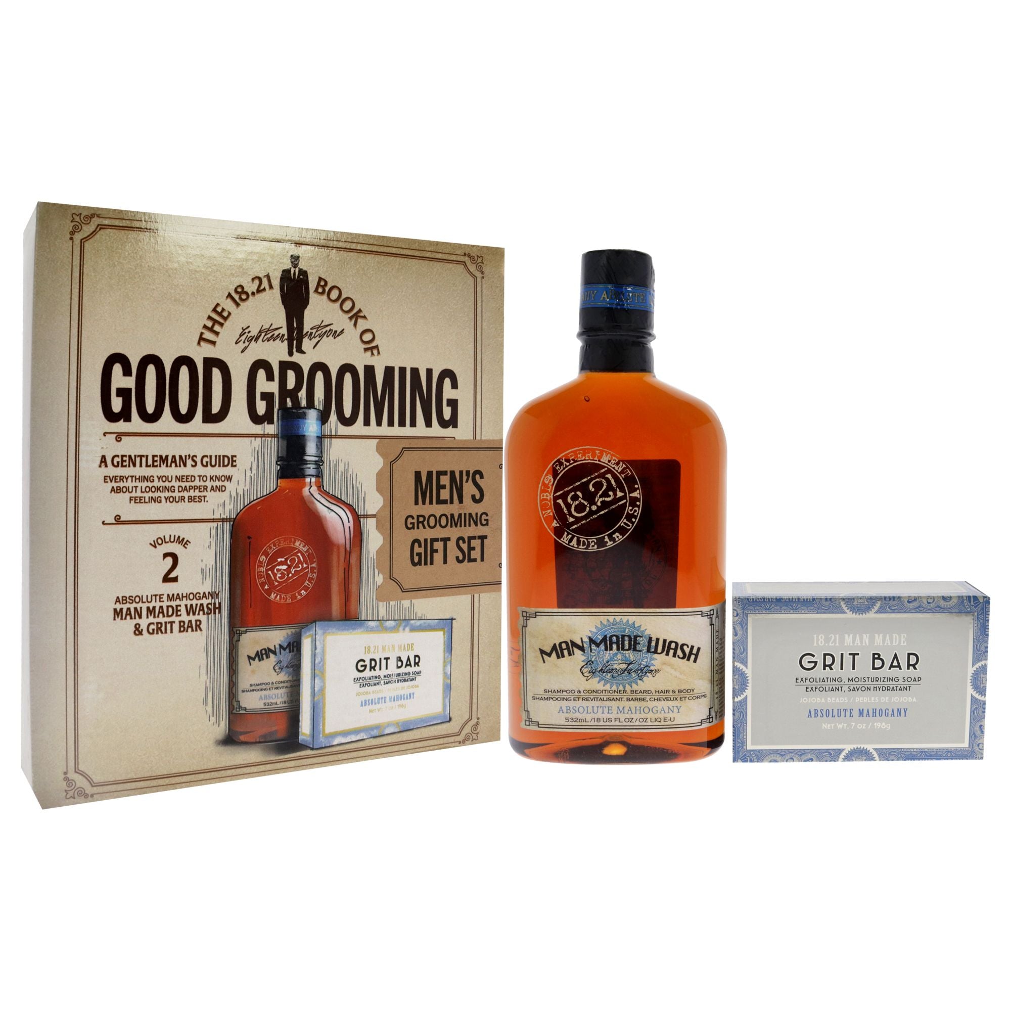 Book of Good Grooming Volume 2 Set - Absolute Mahogany by 18.21 Man Made for Men - 2 Pc 18oz Man Made Wash 3-In-1 Shampoo, Conditioner and Body Wash, 7oz Grit Bar