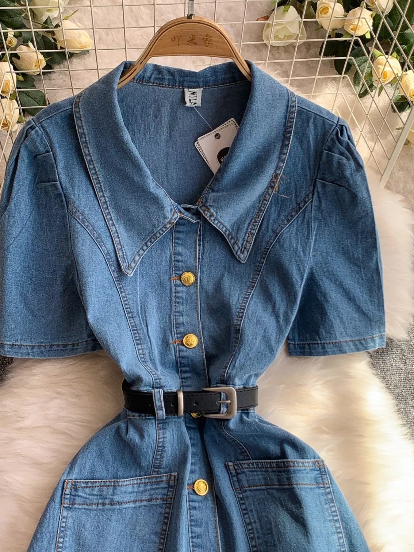 Button Front Short Sleeve Denim Dress