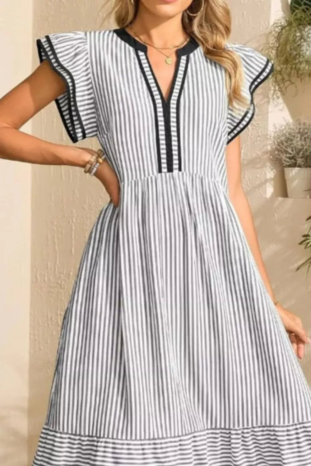 Striped Ruffle Sleeve Midi Dress