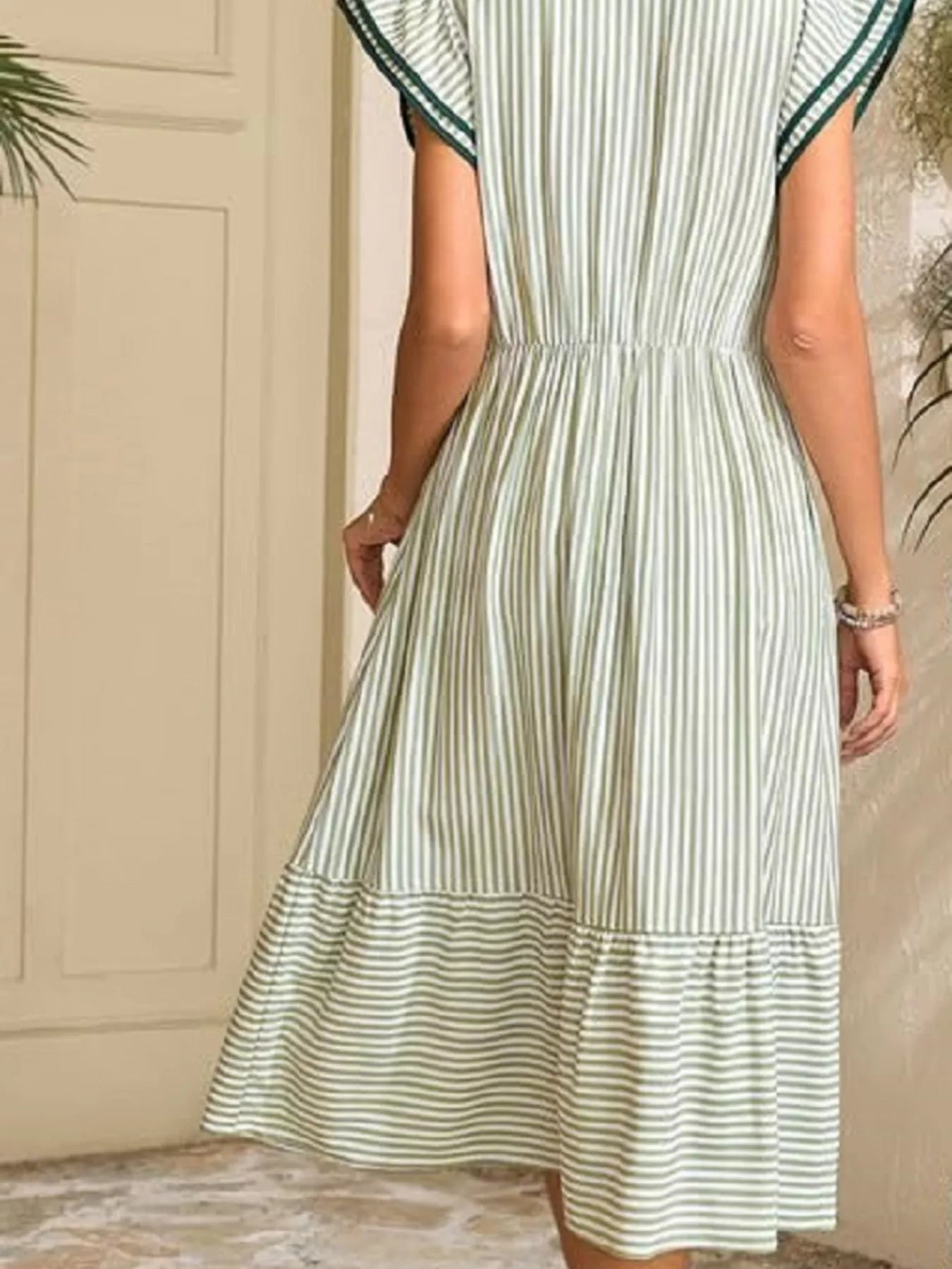 Striped Notched Ruffle Sleeve Dress