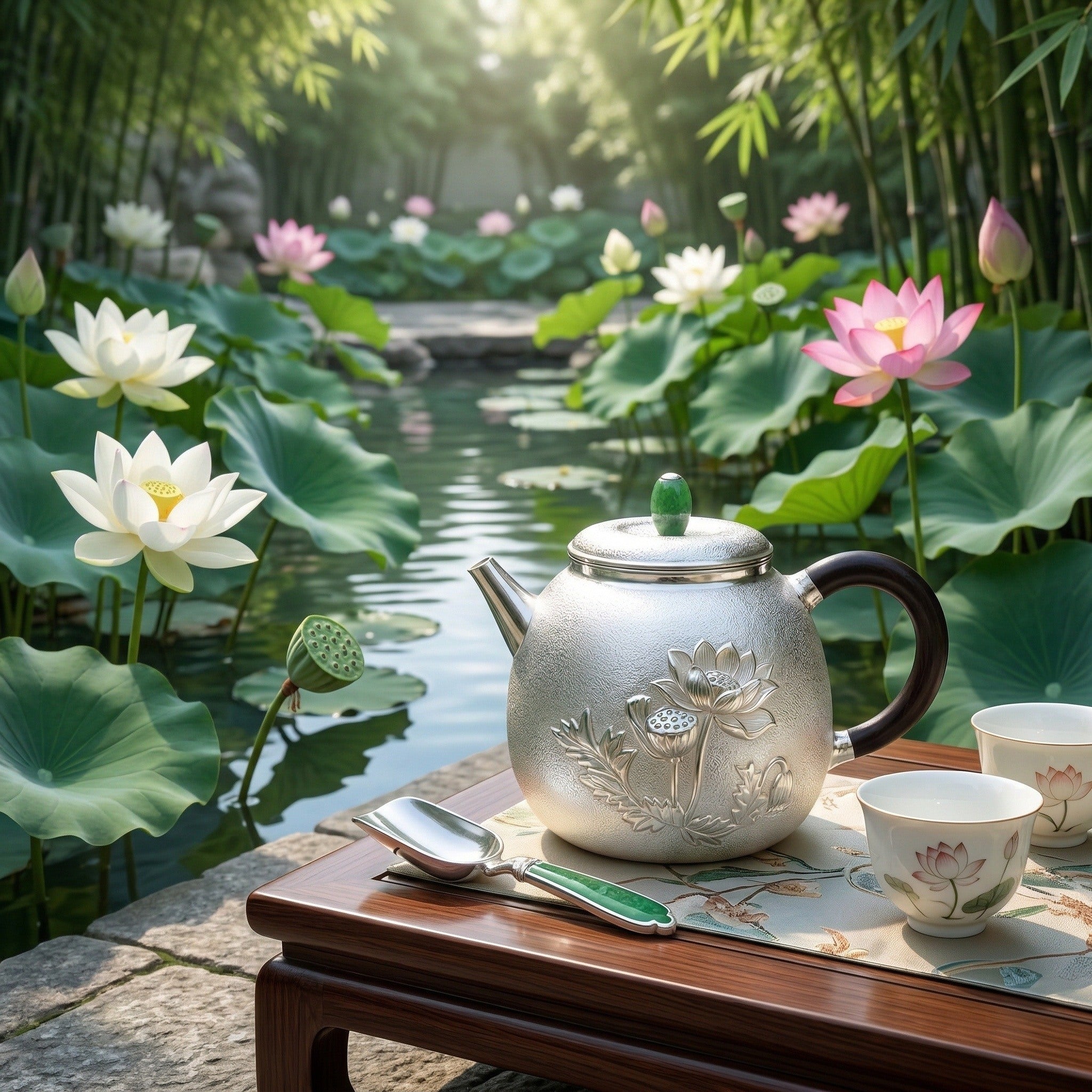 925 Sterling Silver Elegant Teapot with Floral Engraving and Emerald Gemstone-exquisite handmade teapot - Handicraft