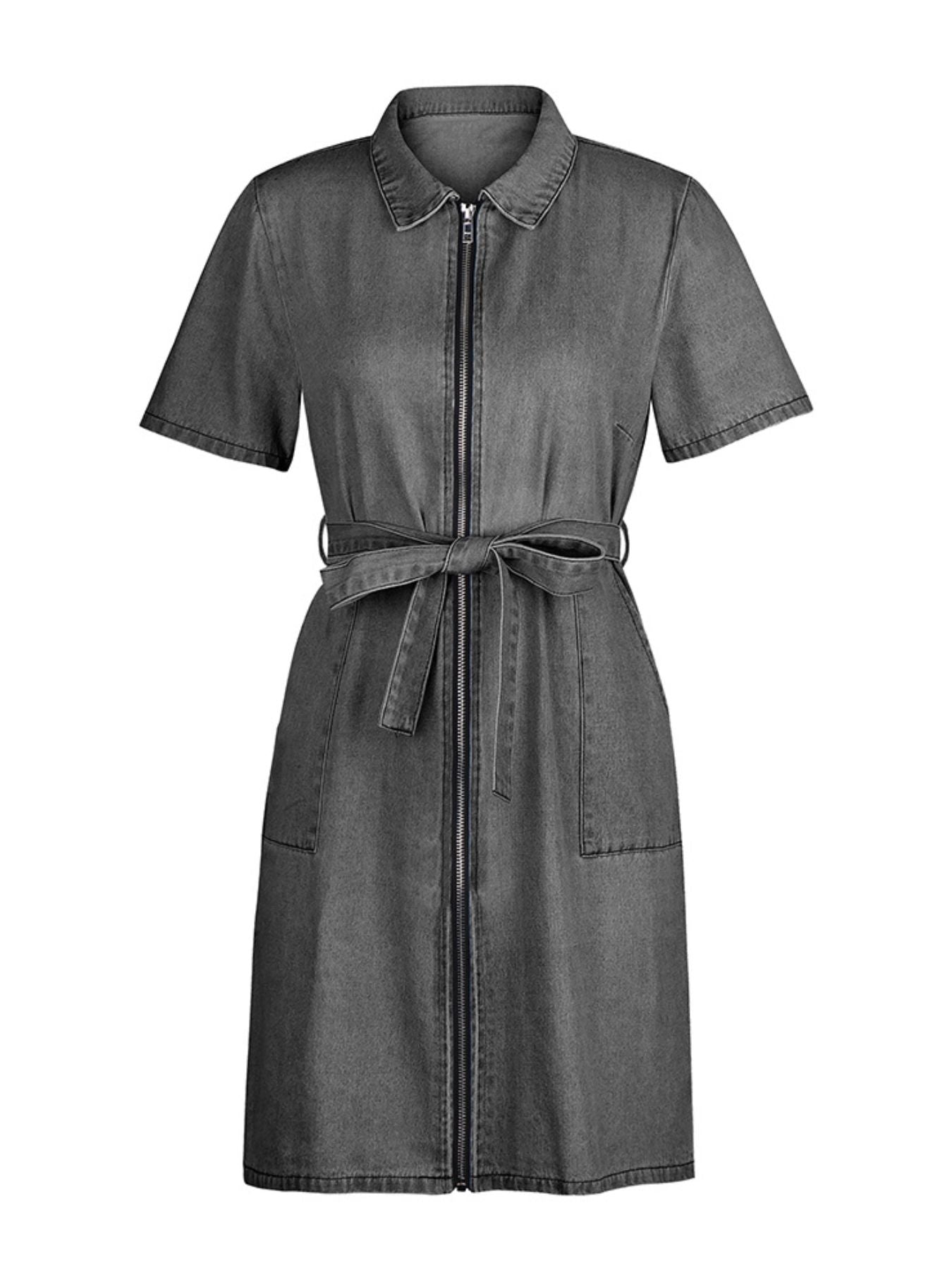 Zip Front Short Sleeve Denim Dress