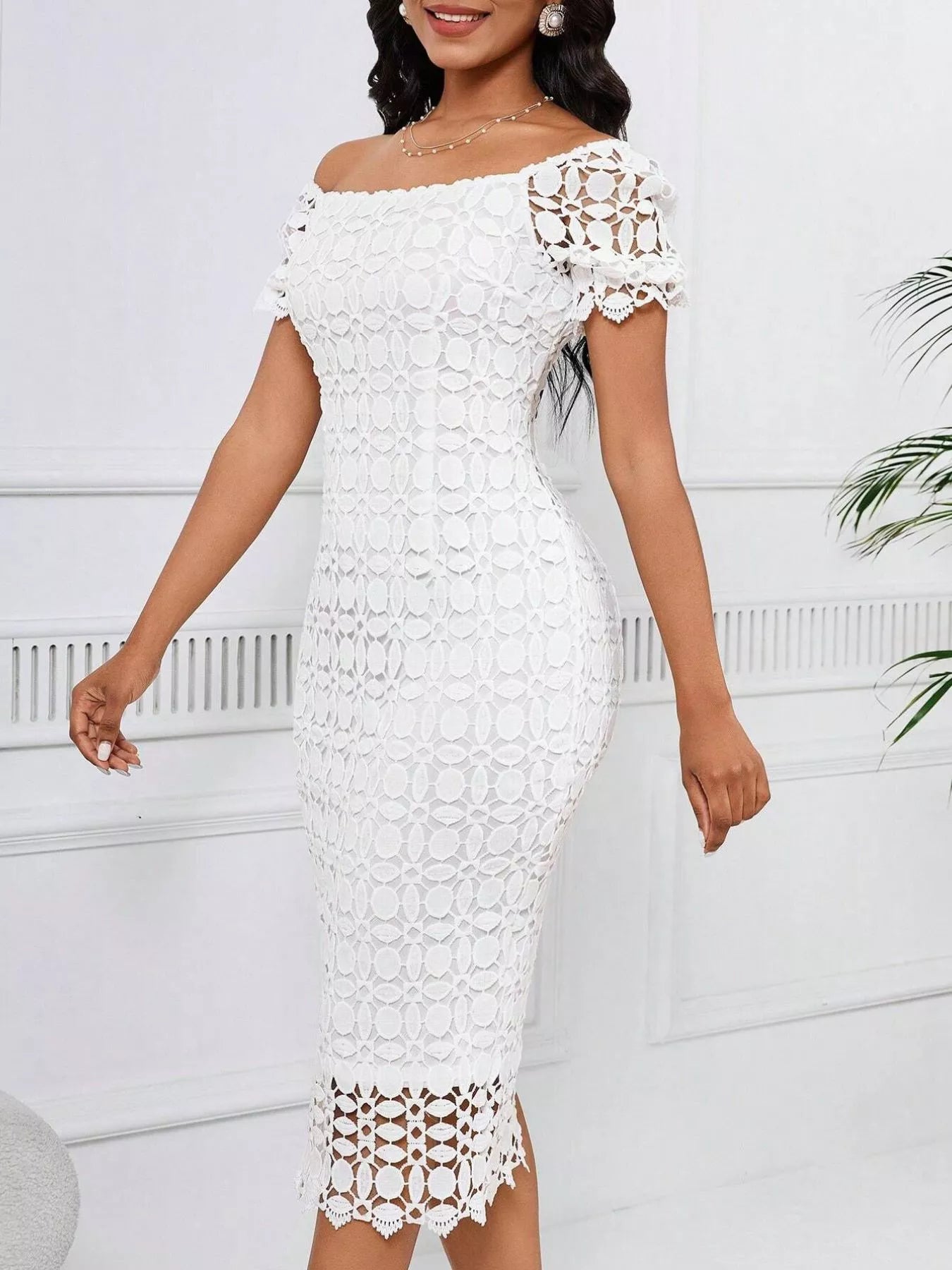 Lace Short Sleeve Midi Dress