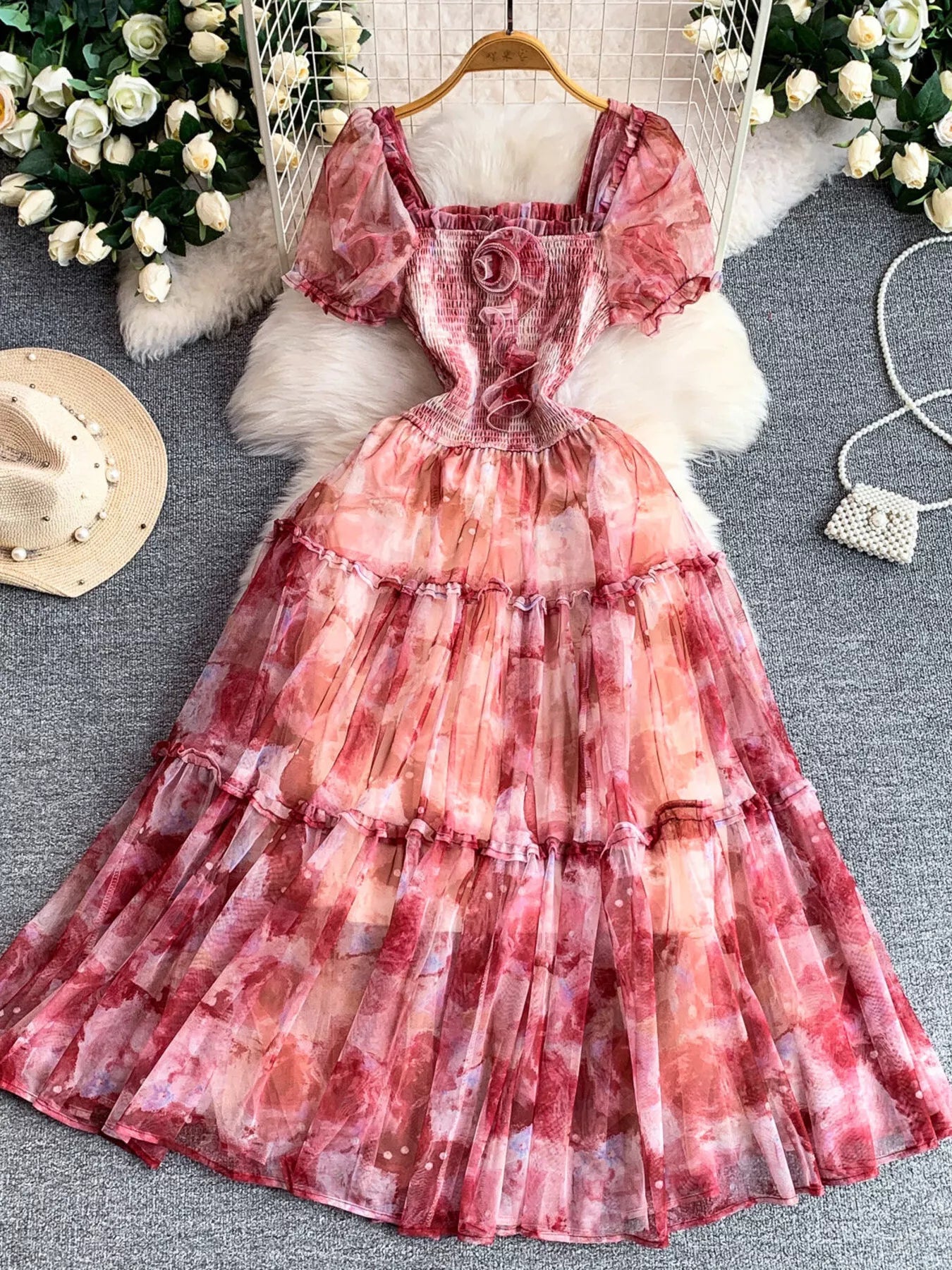 Smocked Floral Tiered Mesh Midi Dress