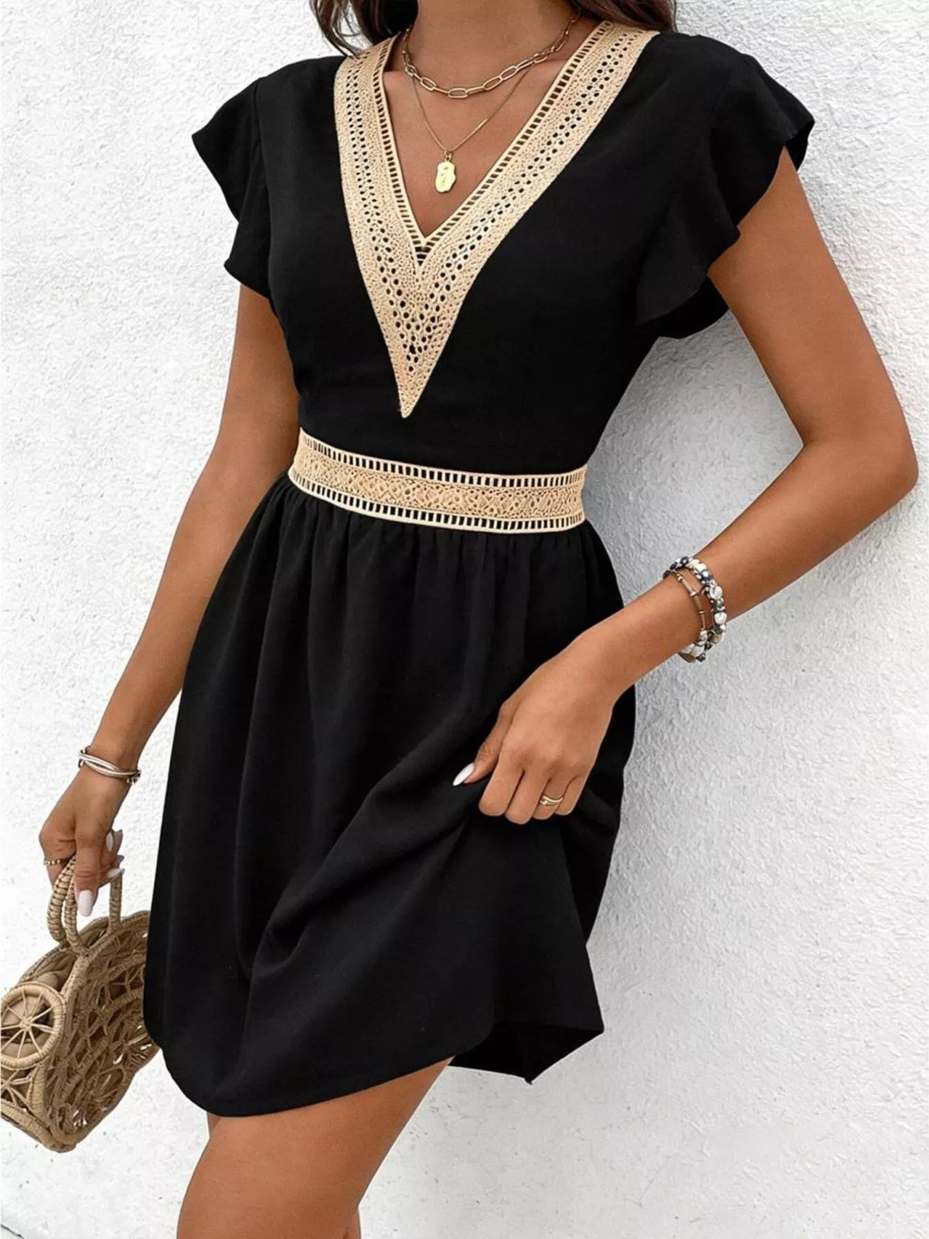 V-Neck Ruffle Sleeve Mini Dress