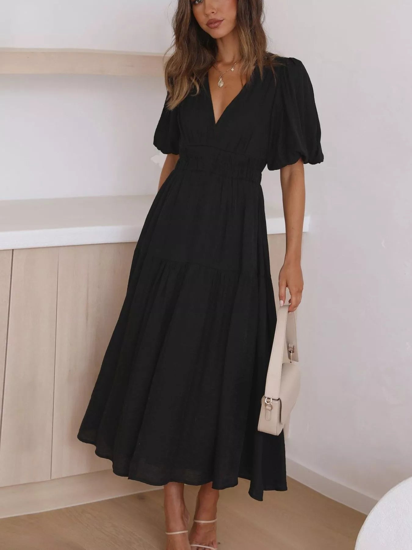 V-Neck Puff Sleeve Midi Dress