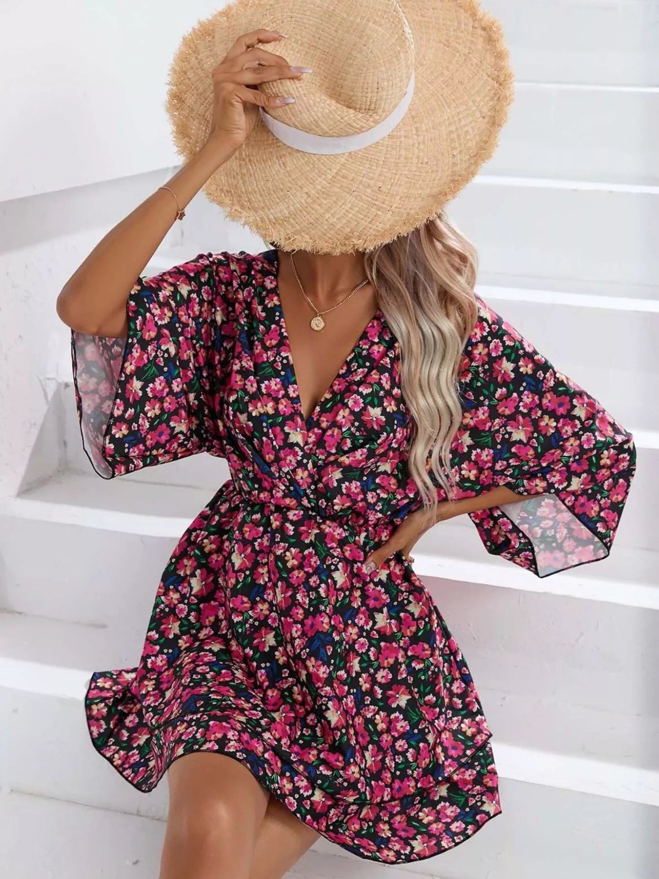 Floral Print Layered Ruffle Hem Mini Dress