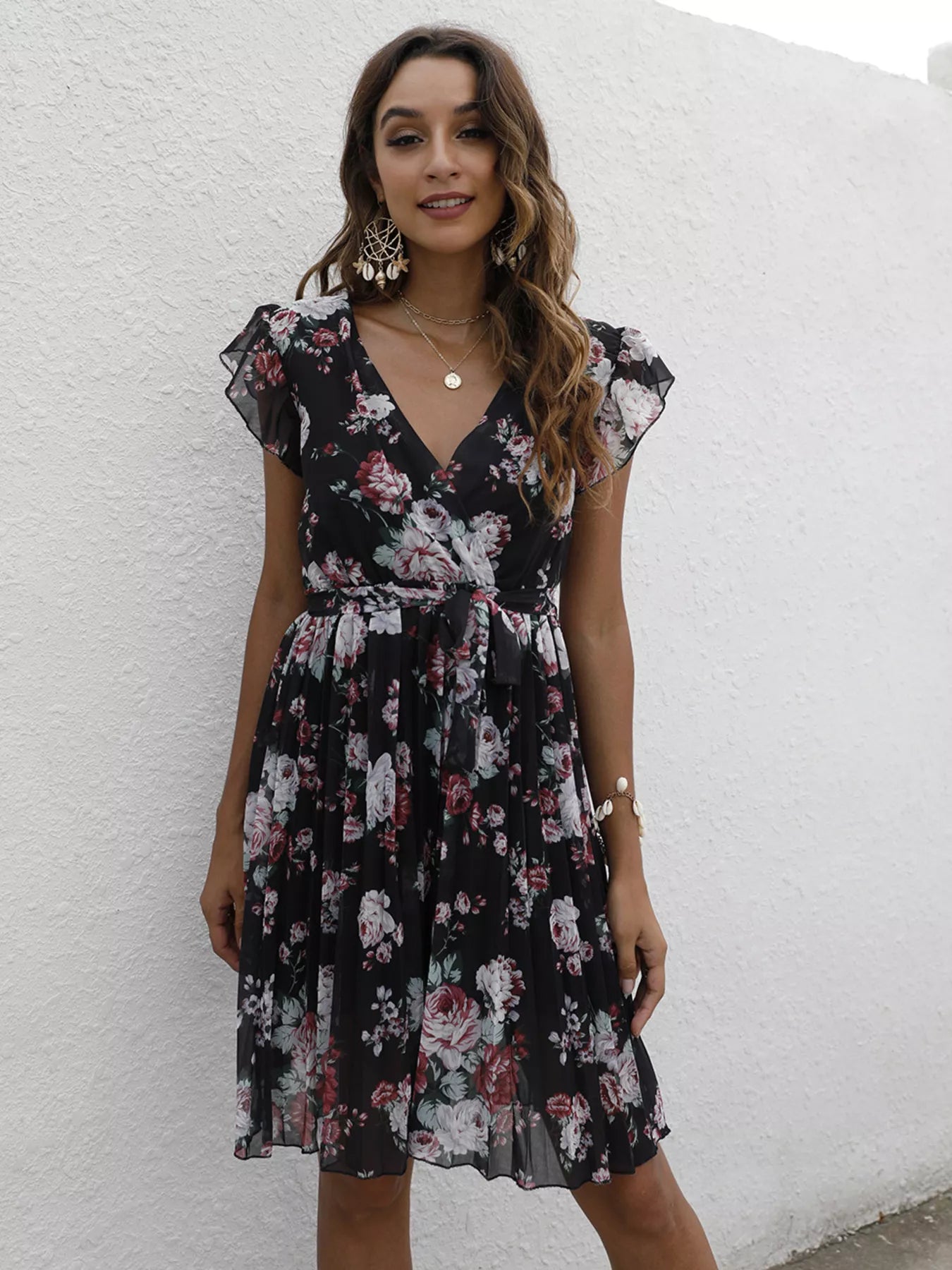 Pleated Floral Print Ruffle Sleeve Dress