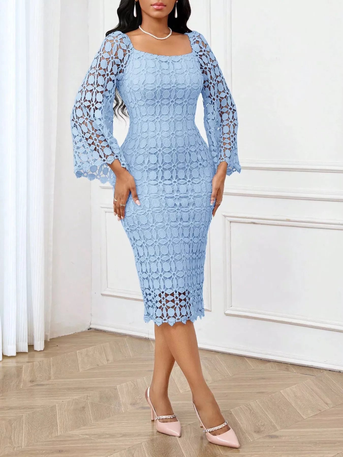 Lace Square Neck Midi Dress