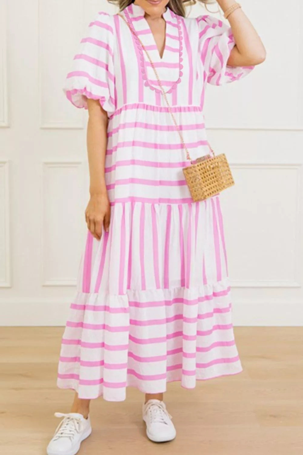 Stripe Ricrac Trim Notched Neck Half Sleeve Dress
