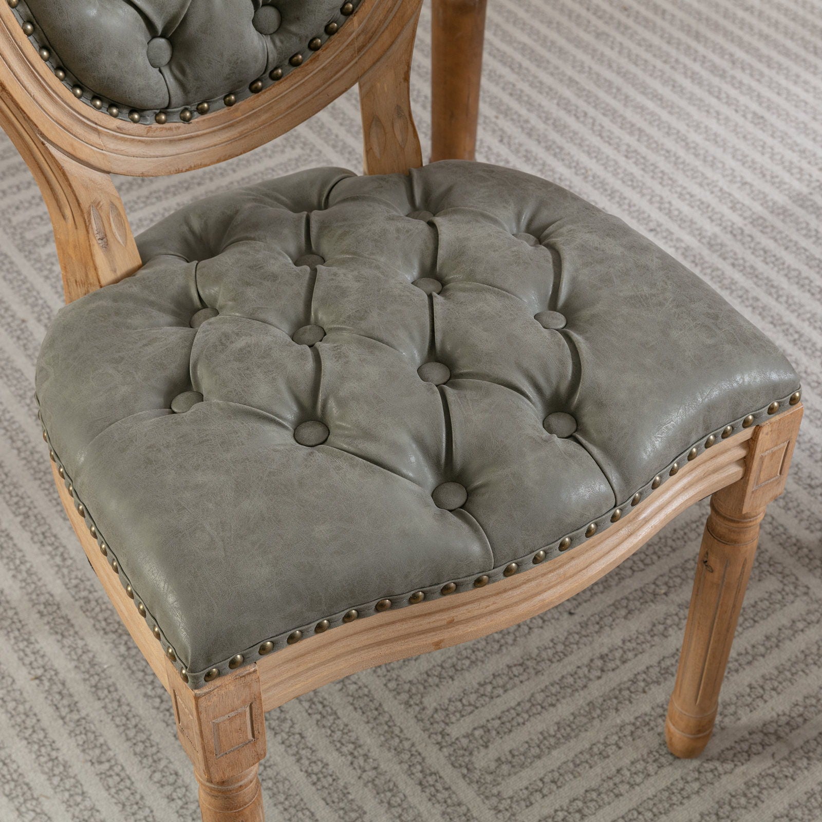 French Style Solid Wood Frame Antique Painting, Hand-Pulled Buckle Decoration Artificial Dining Chair With Nailhead Trim, Wood Legs