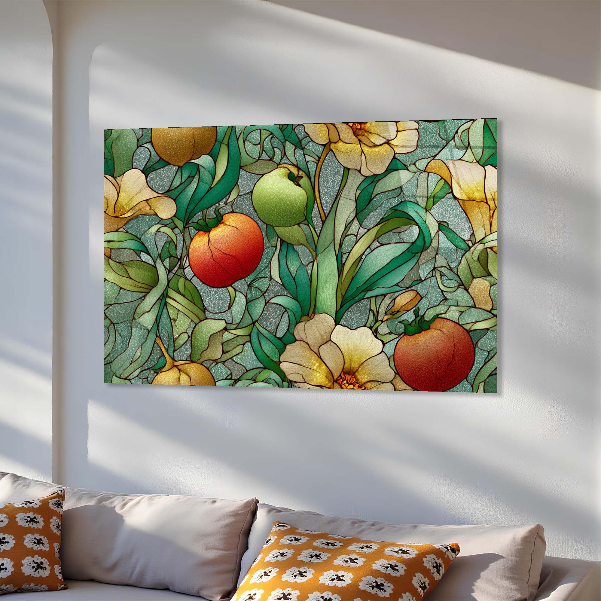 Stained Glass Look Fruits Tempered Glass Wall Art | Botanical Kitchen & Dining Room Glass Wall Décor
