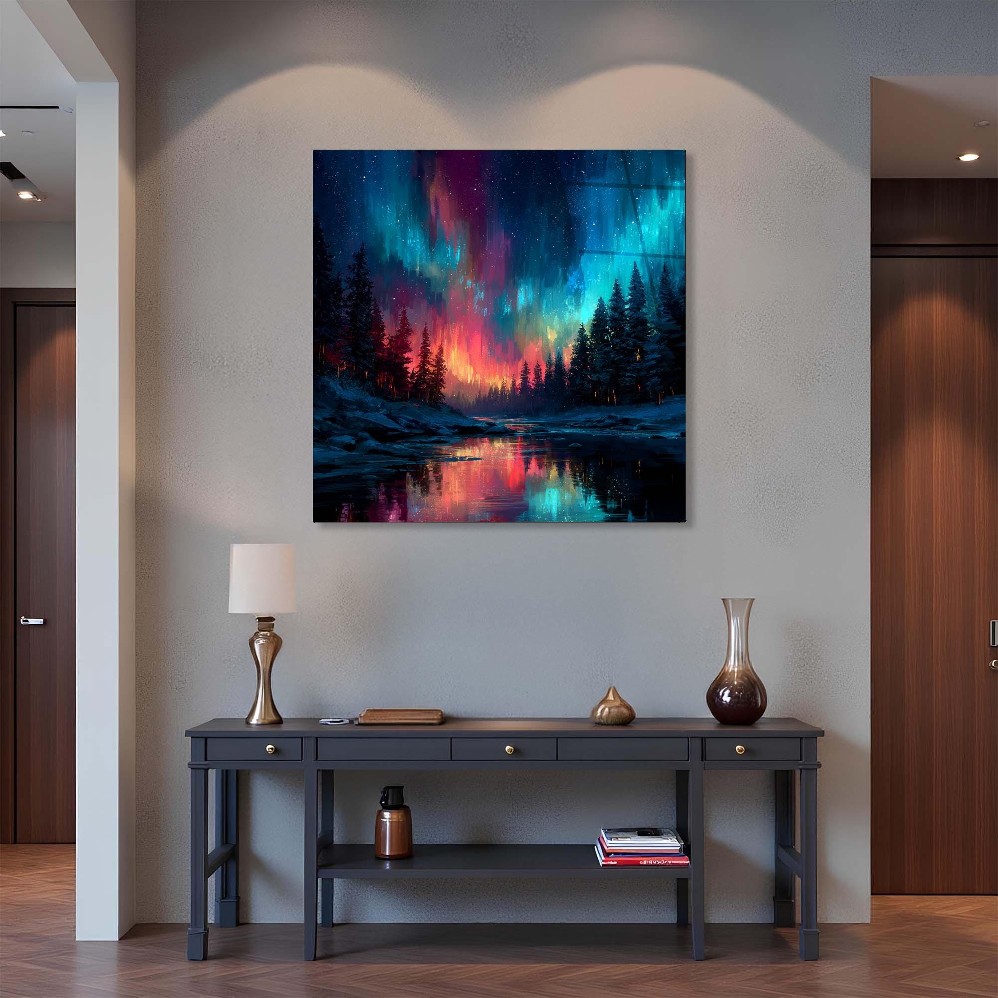 Aurora Borealis Tempered Glass Wall Art | Forest Landscape Decor