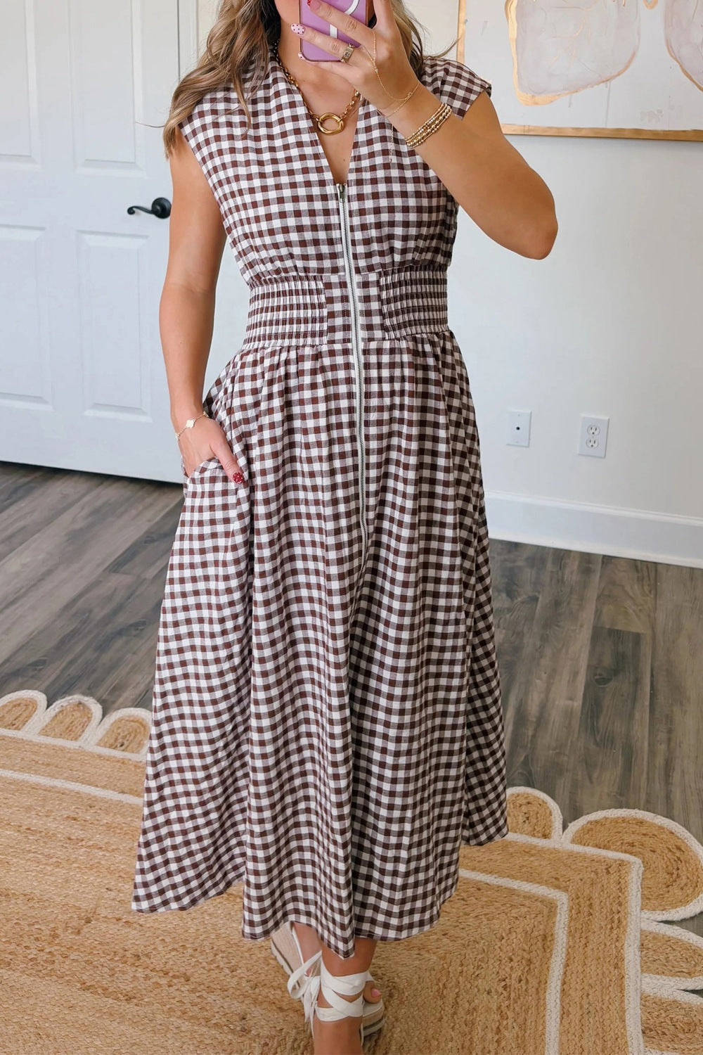 Gingham Zip-Front Midi Dress