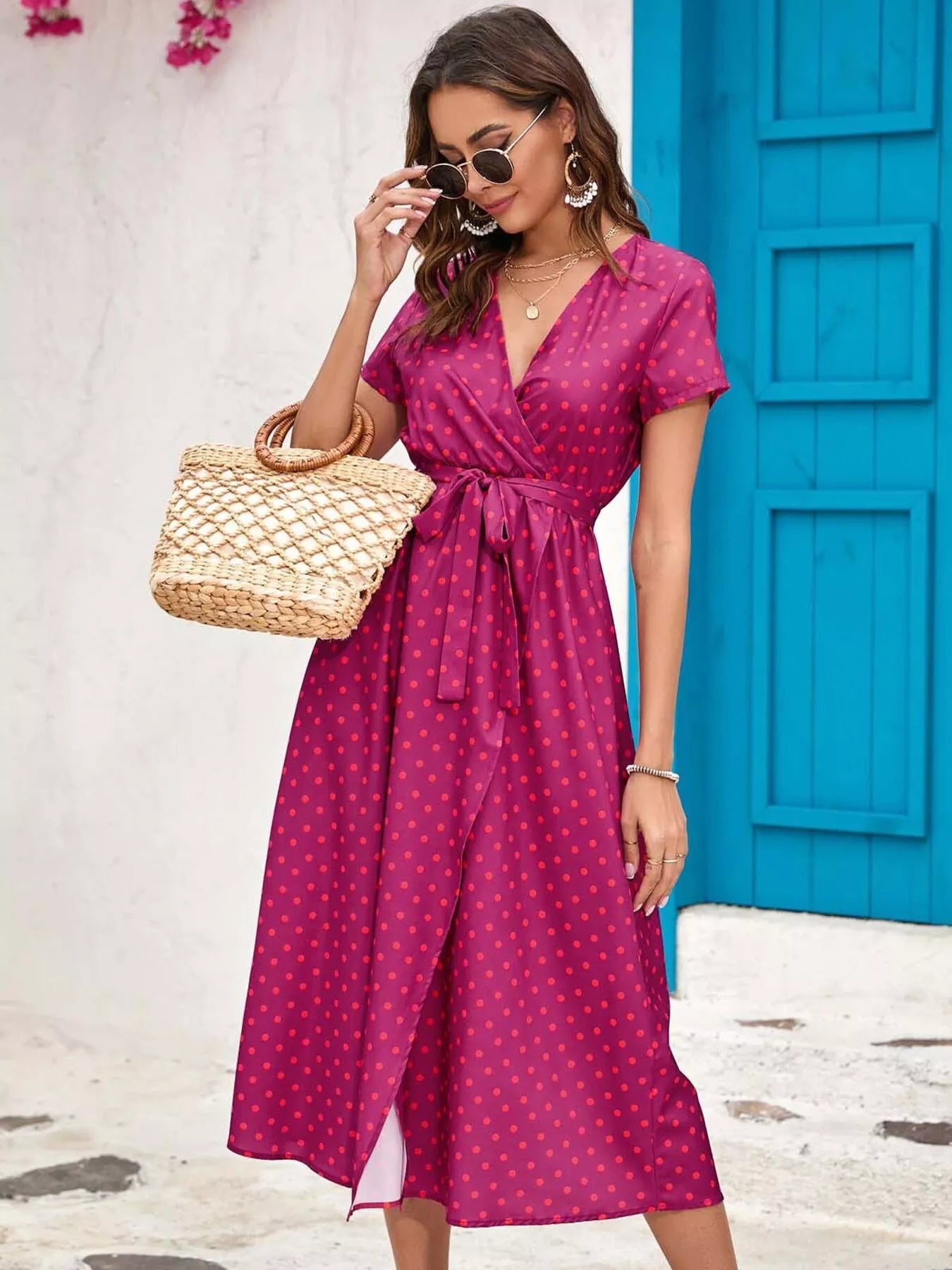 Surplice Short Sleeve Midi Dress