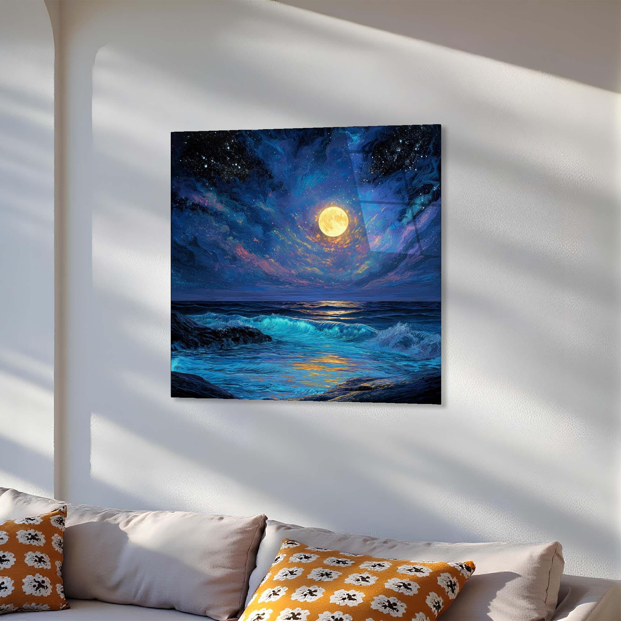 Moonlit Ocean Tempered Glass Wall Art | Coastal Living Room Decor