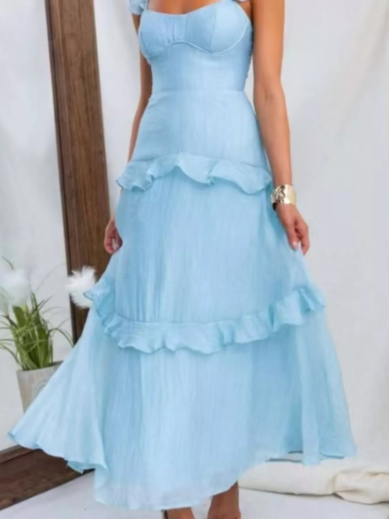 Ruffled Lace Up Back Maxi Dress