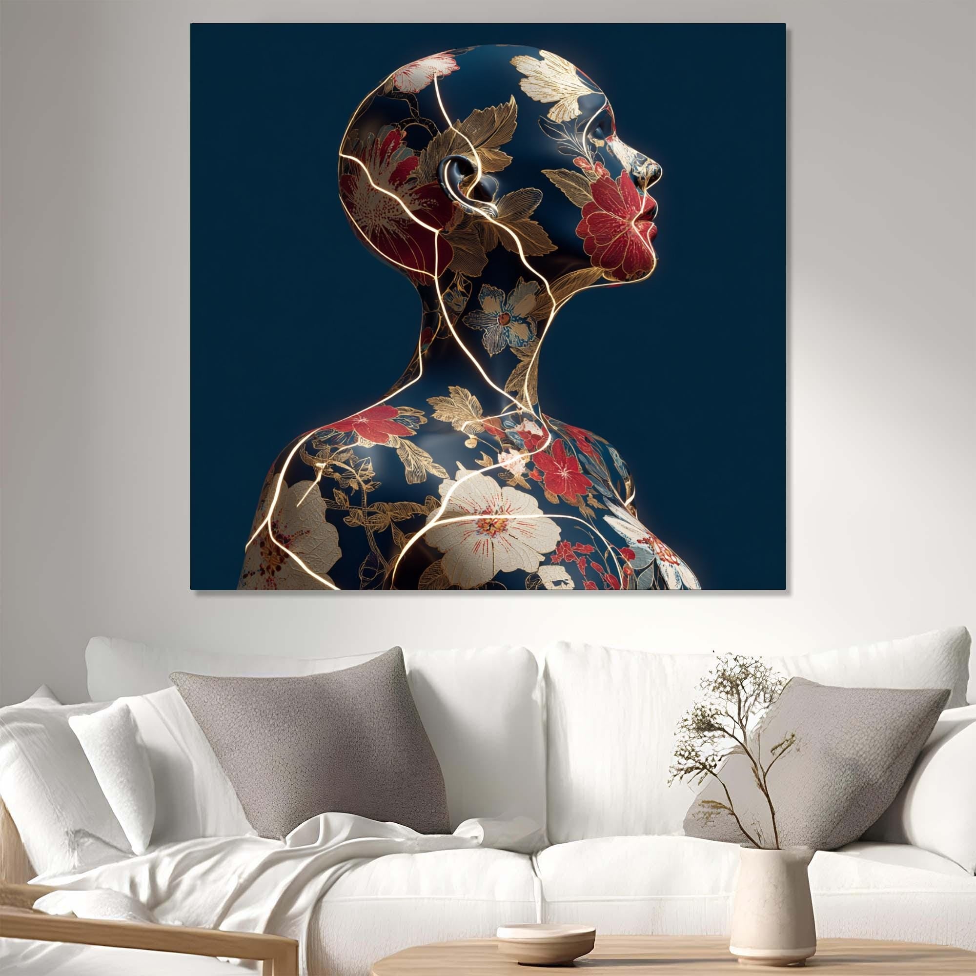 Floral Woman Tempered Glass Wall Art | Golden Crack Accent