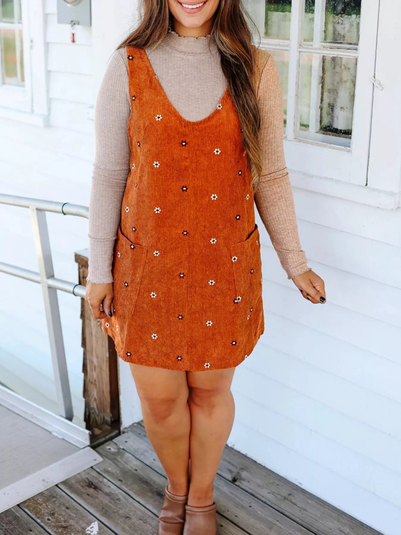 Floral Corduroy Overall Dress
