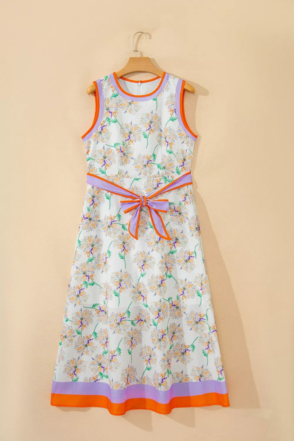 Floral Print Color Block Trim Belted Sleeveless Dress
