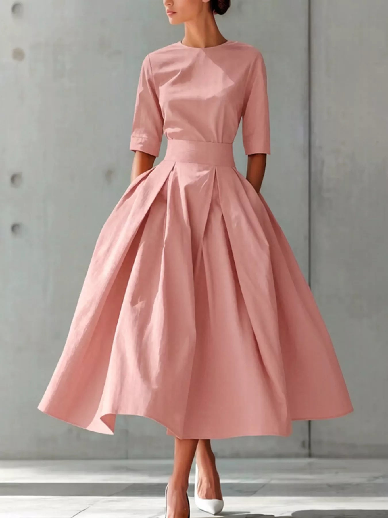 Round Neck A-Line Midi Dress