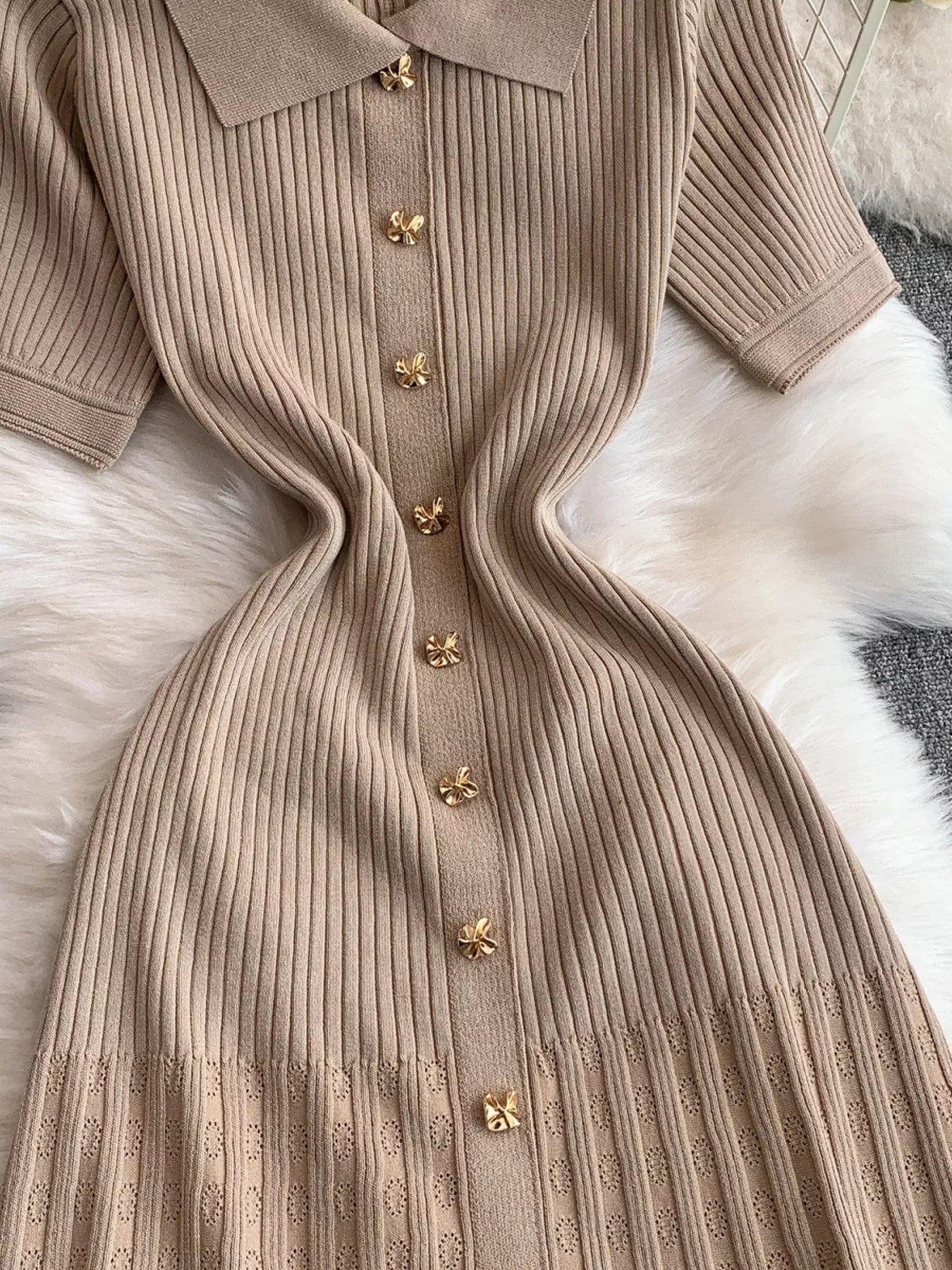 Button Front Ribbed Knit Midi Dress