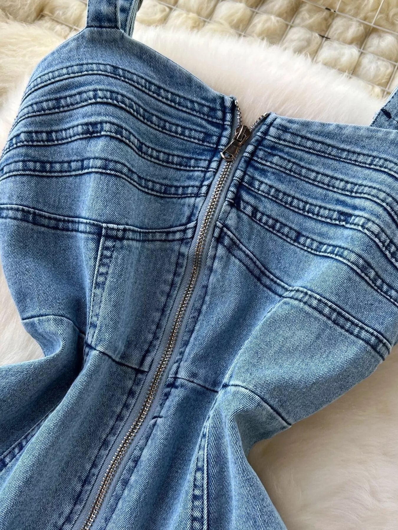 Sleeveless Zipper Front A-Line Denim Dress
