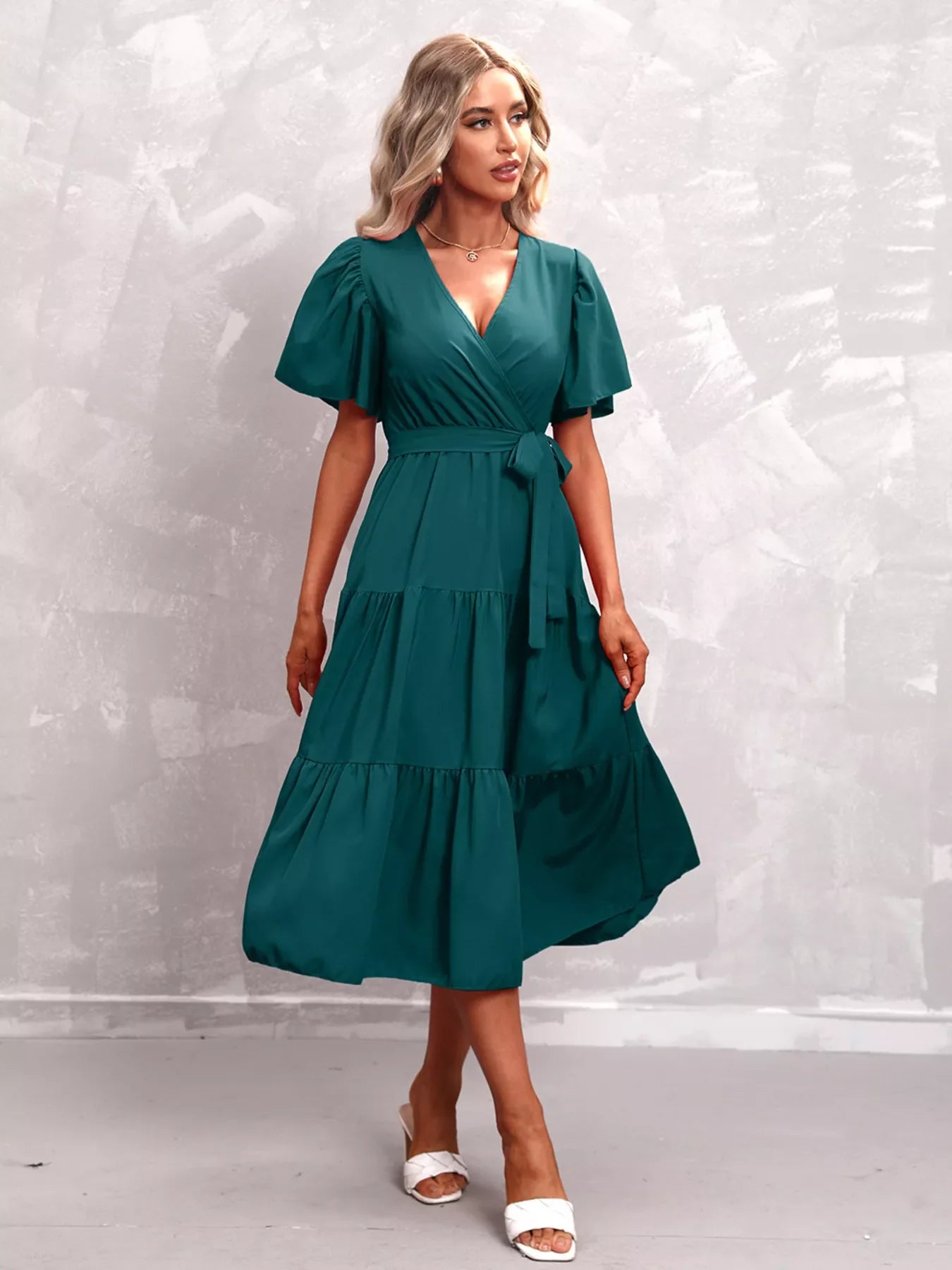 Flutter Sleeve Tiered Midi Dress