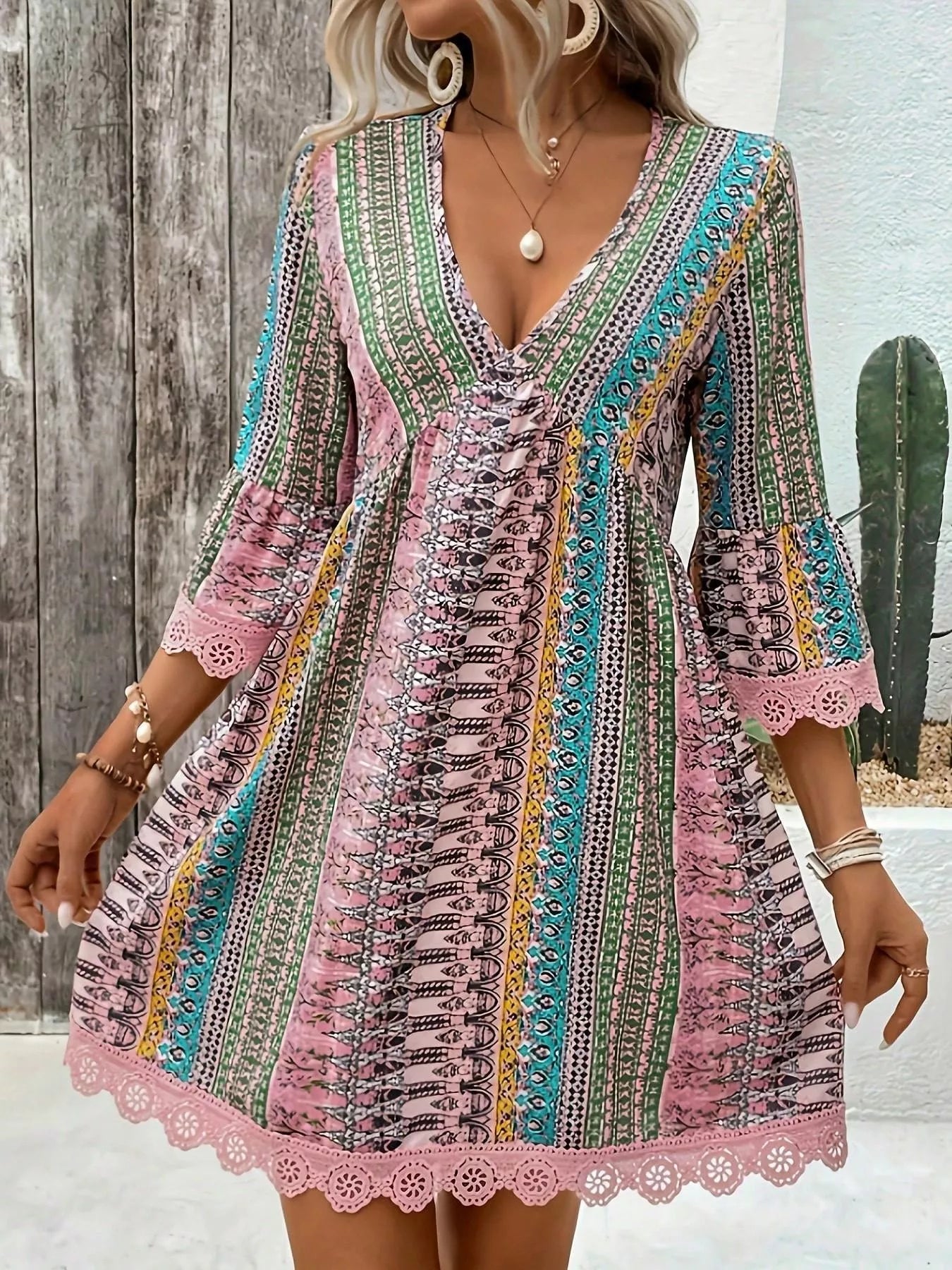 Printed V-Neck A-Line Dress
