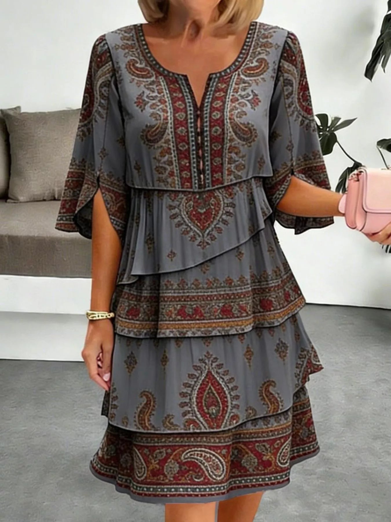 Full Size Paisley Print Layered Ruffle Mini Dress Plus Size