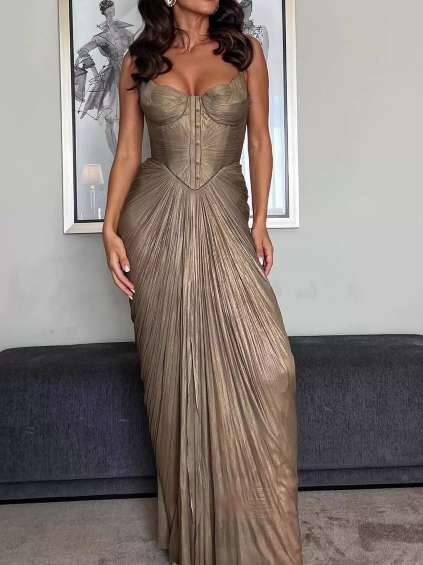 Metallic Pleated Corset Maxi Dress