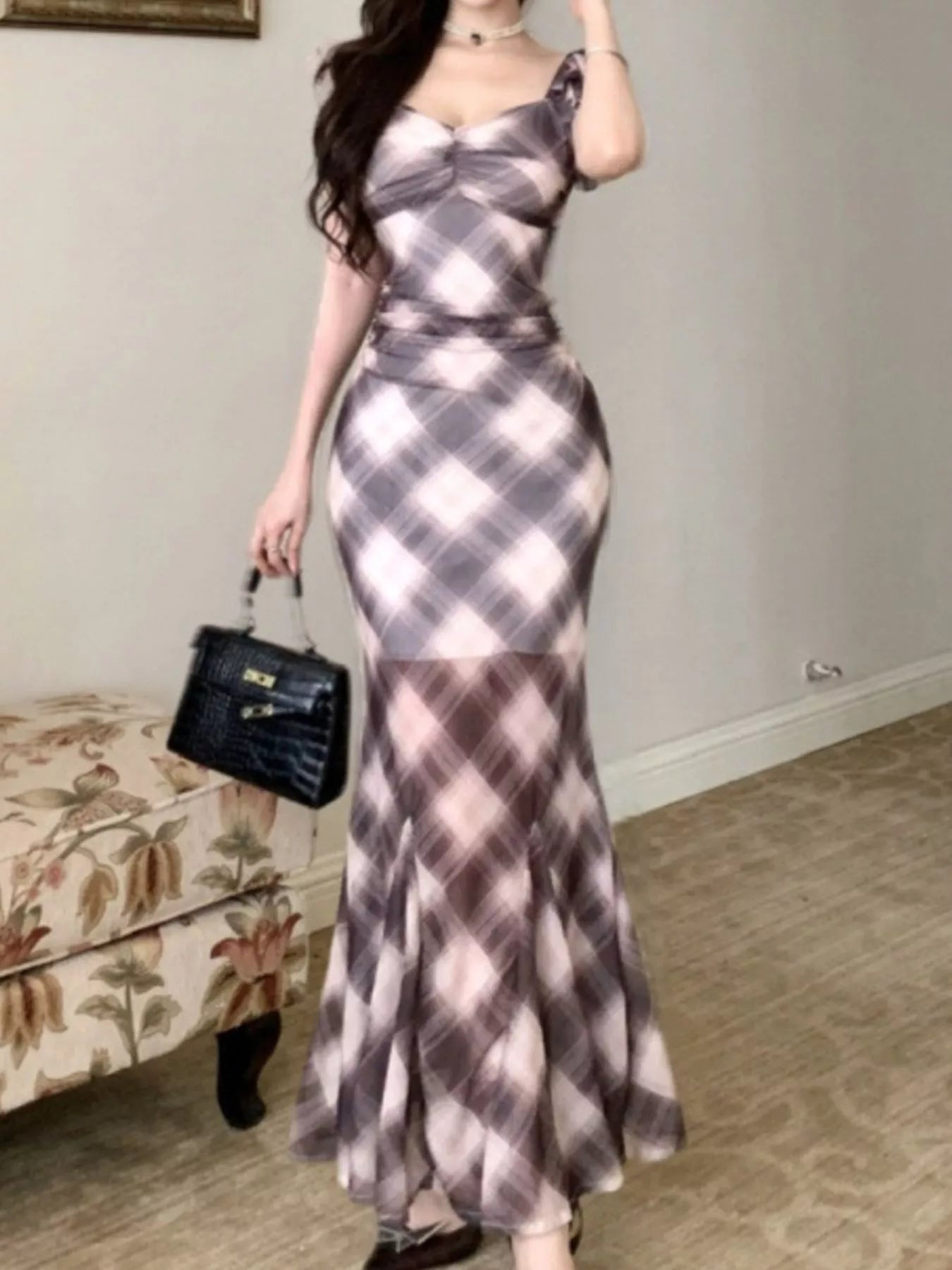 Plaid Ruffle Cap Sleeve Bodycon Maxi Dress