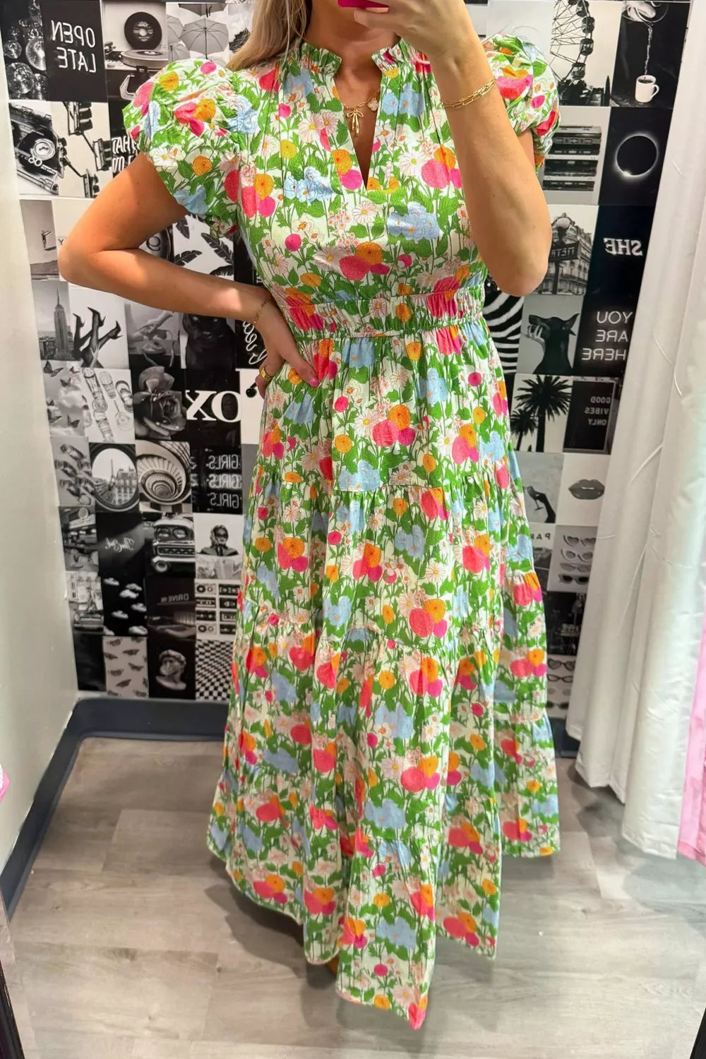 Floral Print V Neck Short Puff Sleeve Cotton Maxi Dress