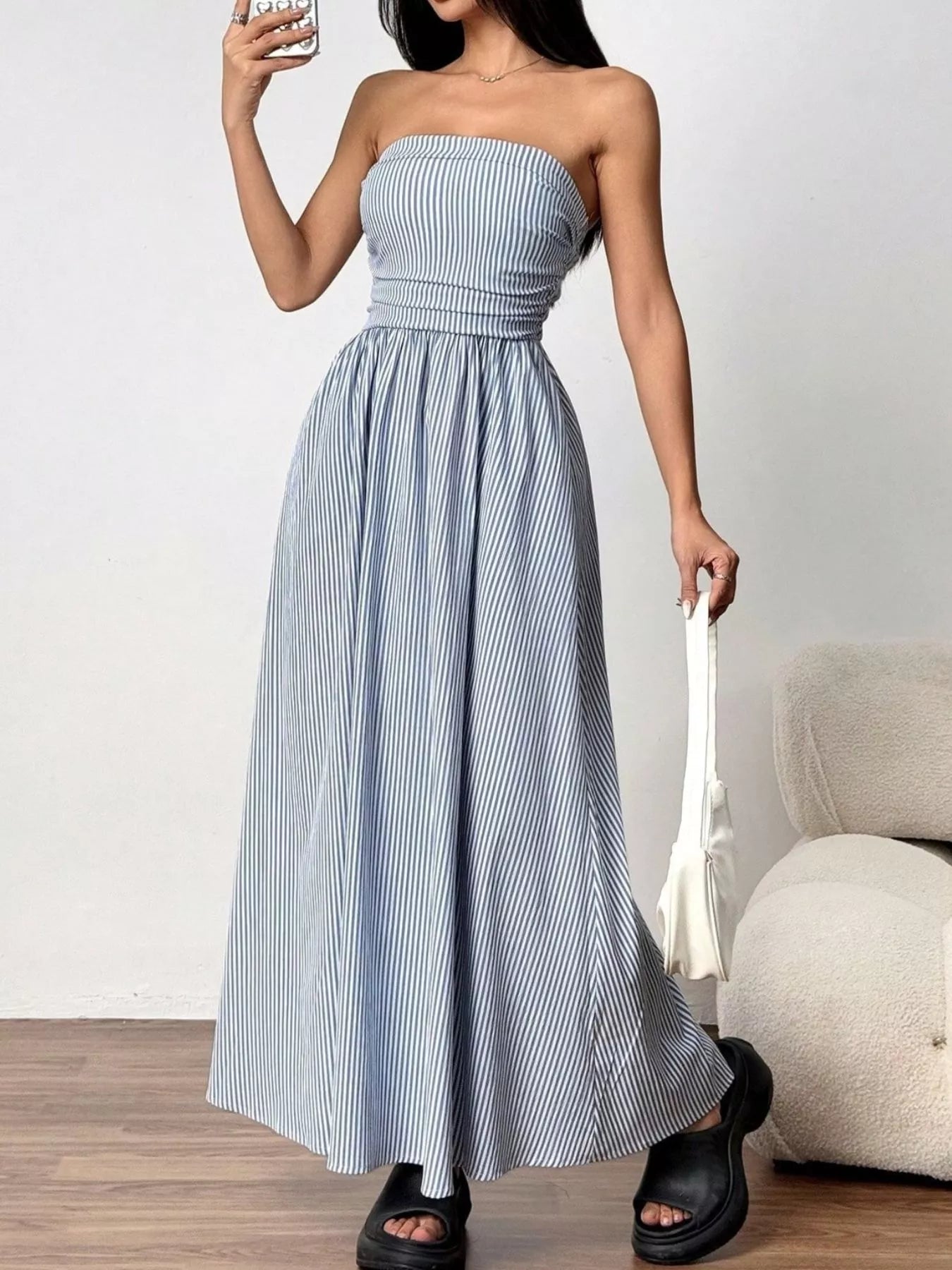 Striped Strapless Casual Maxi Dress