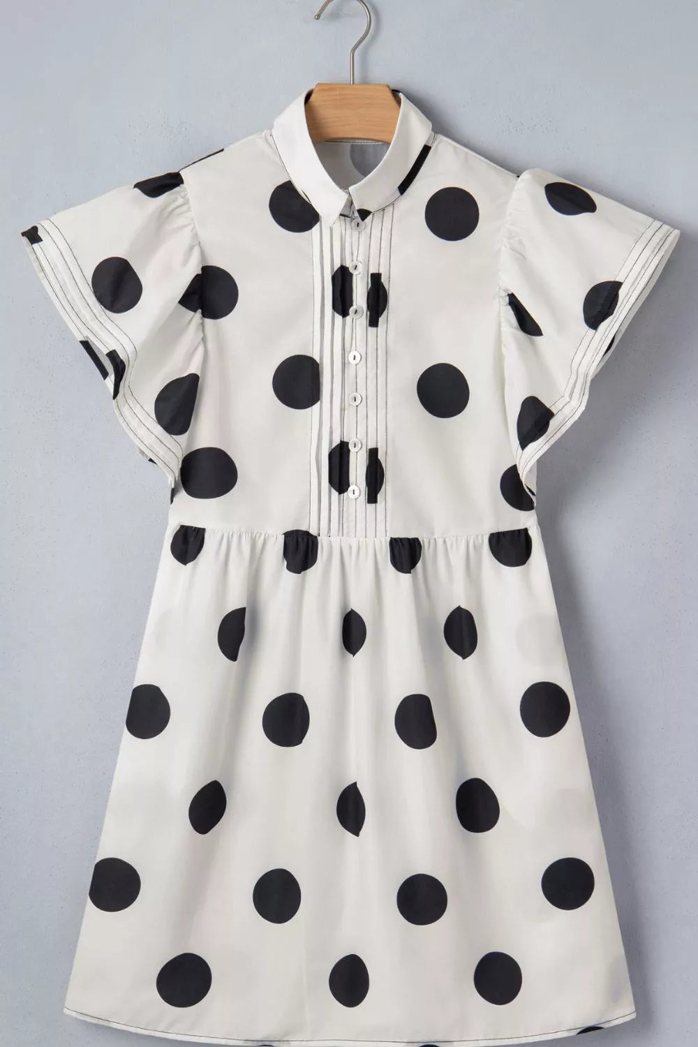 Polka Dot Print Half Button Ruffled Short Sleeve Loose Mini Dress