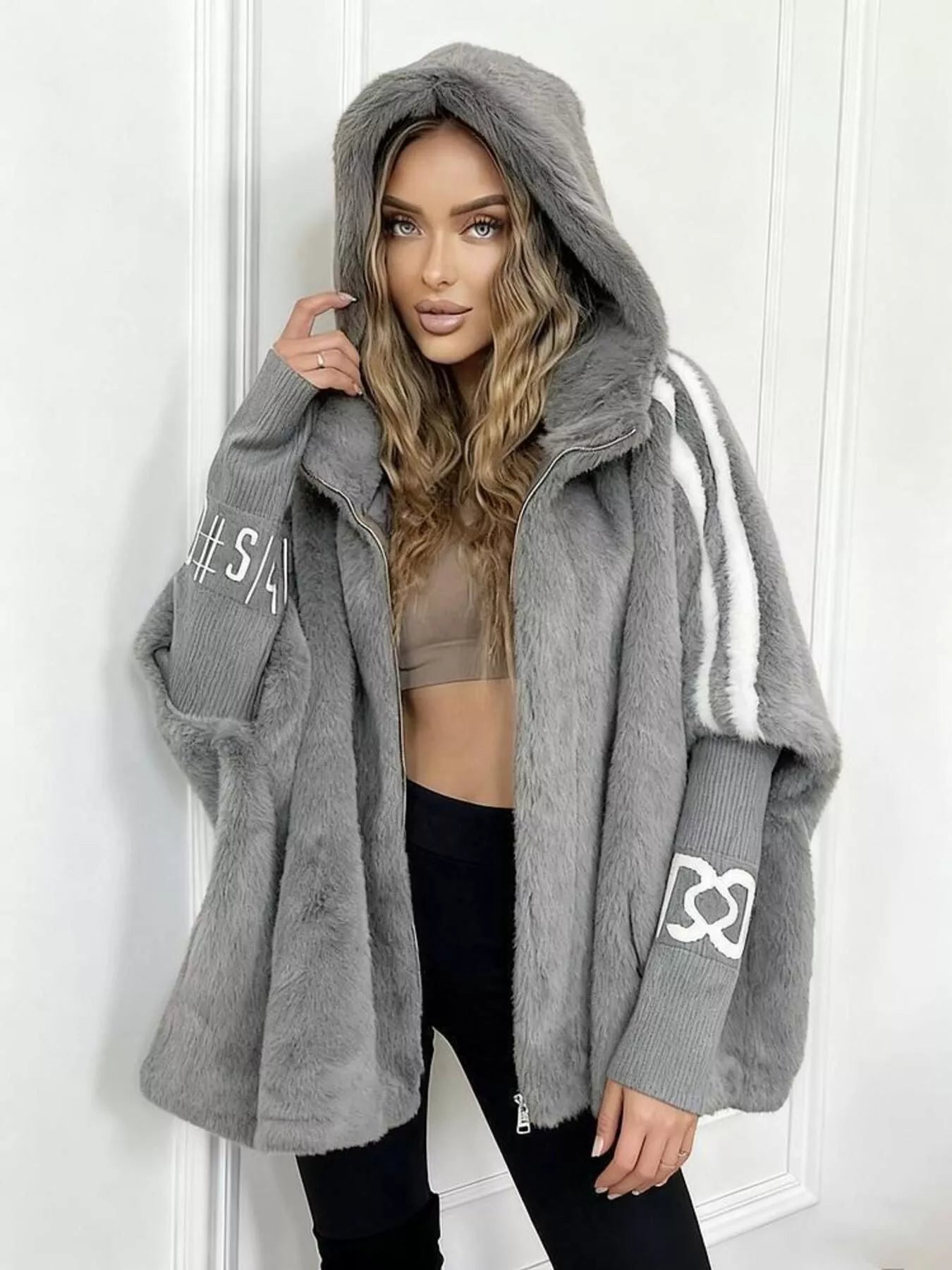 Hooded Faux Fur Striped Trim Outerwear