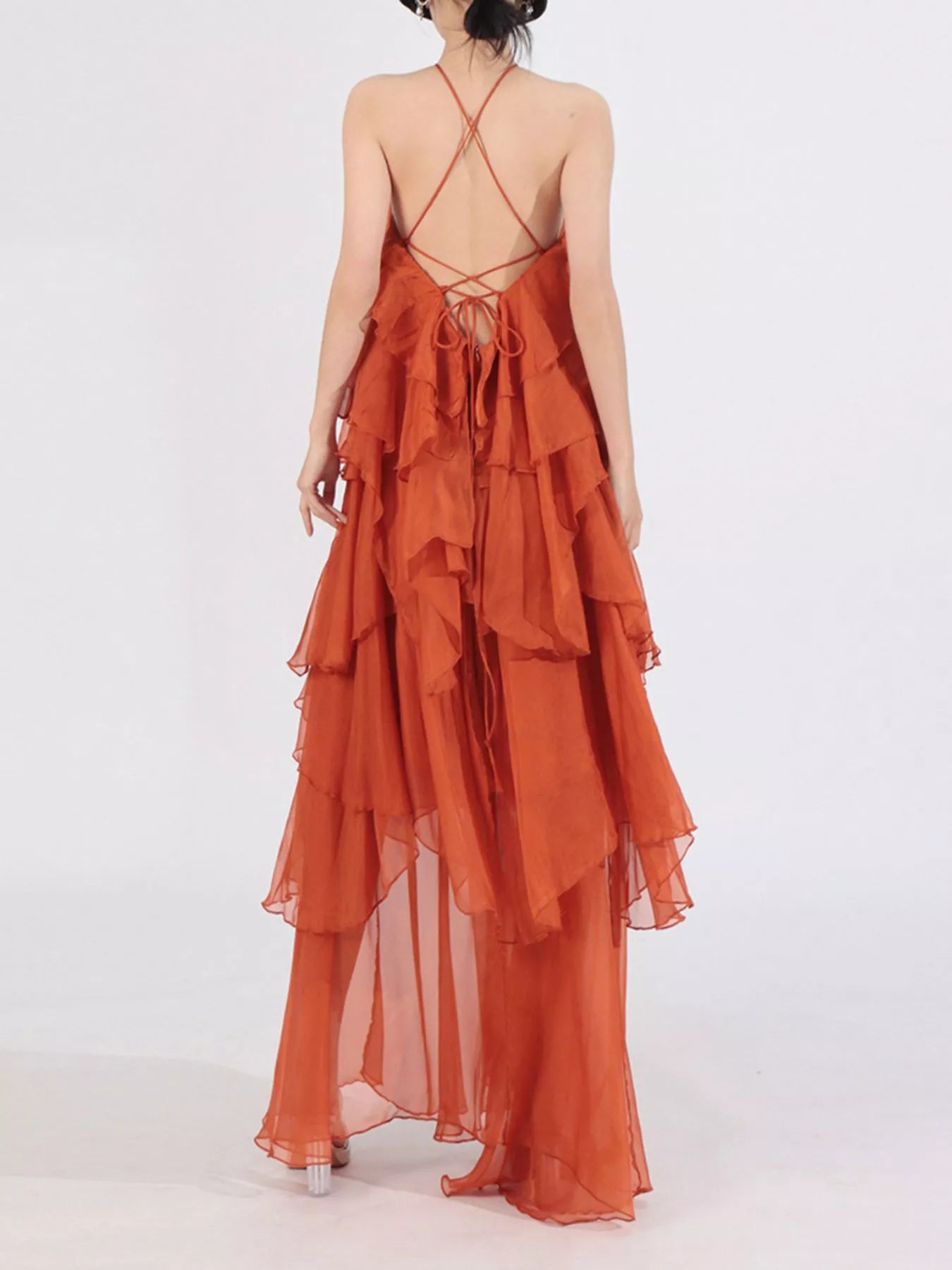 Ruffled Chiffon Halter Neck Maxi Dress