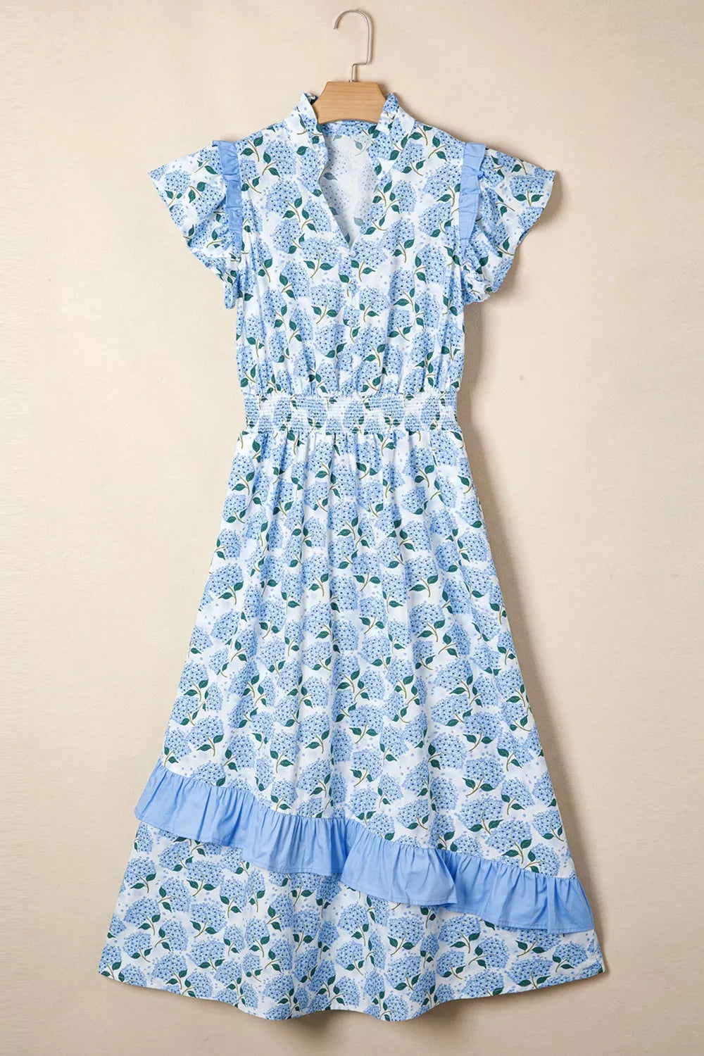 Hydrangea Floral Print Ruffle Trim Flutter Sleeve Dress