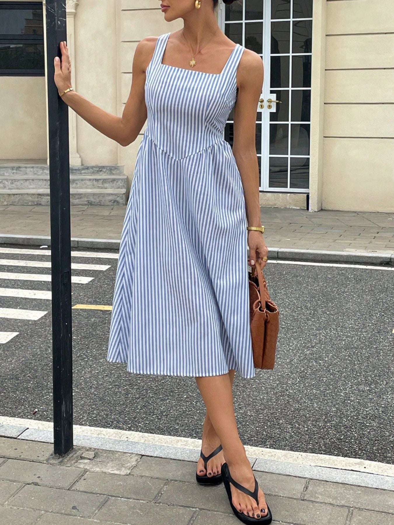 Striped Square Neck Midi Dress