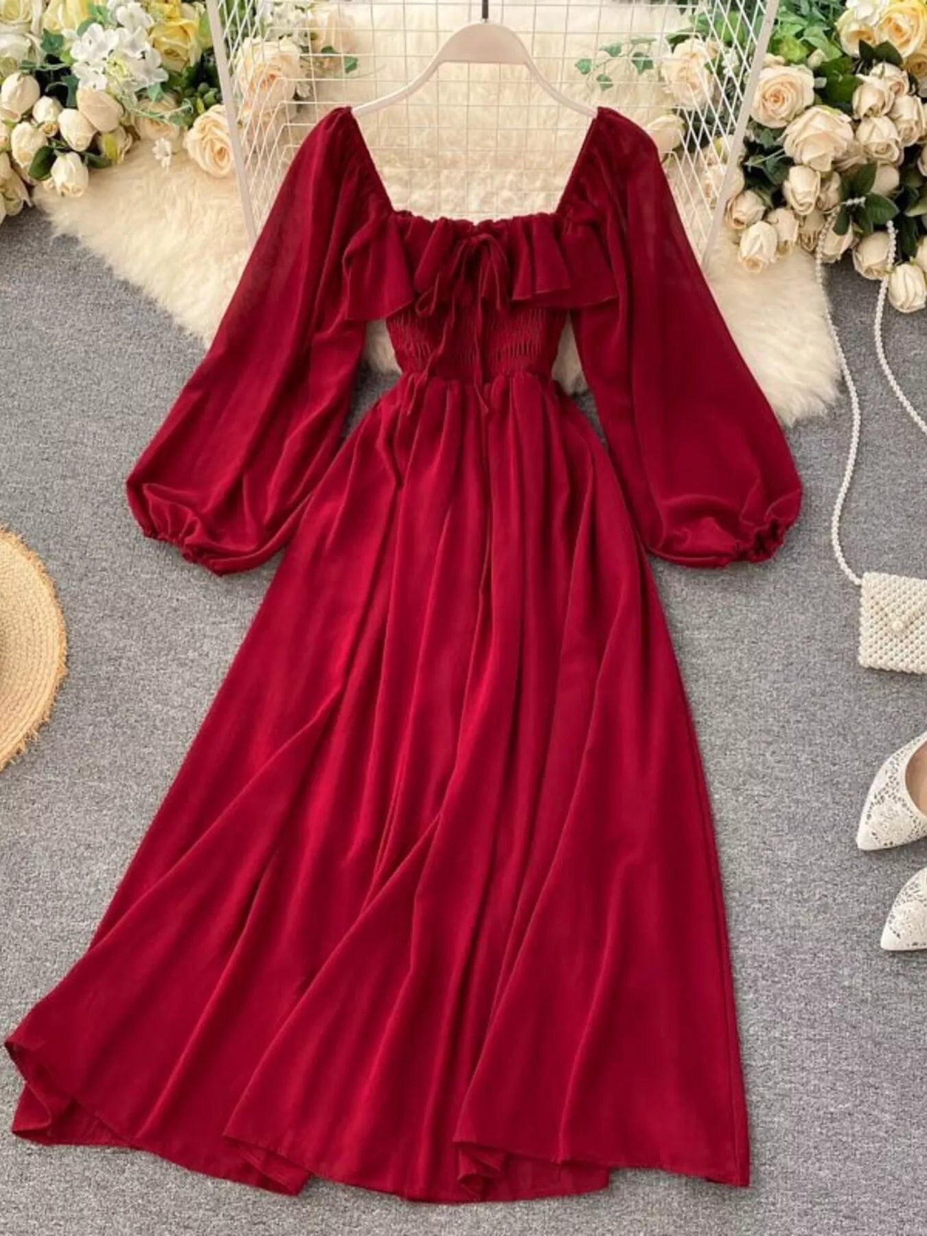 Ruffle Square Neck Balloon Sleeve A-Line Dress
