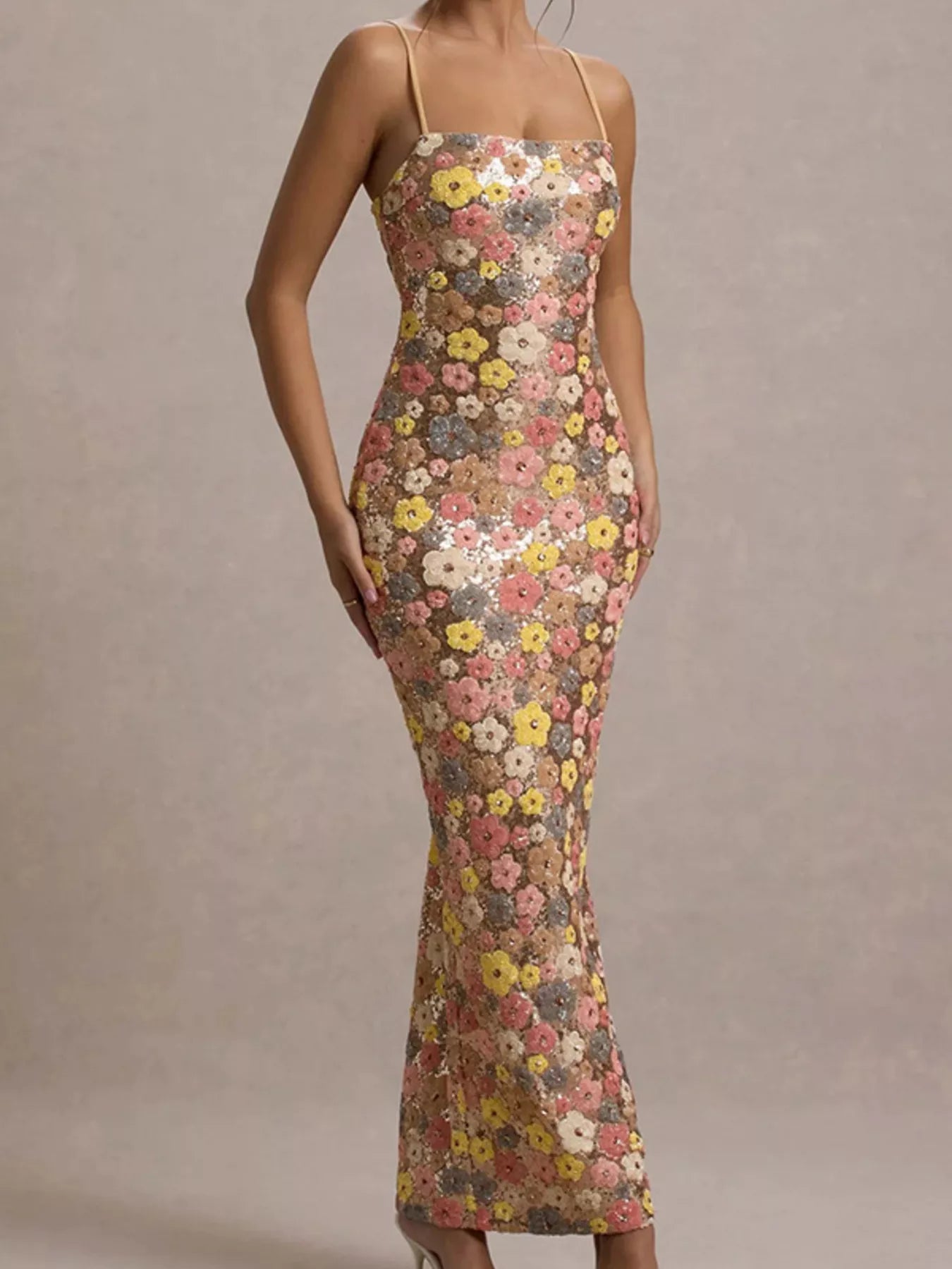 Floral Sequin Embellished Bodycon Maxi Dress