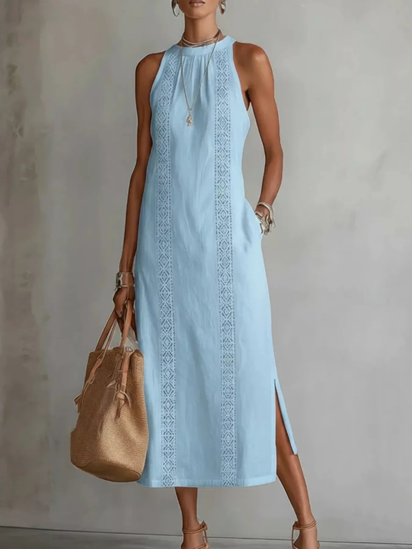 Full Size Sleeveless Lace Trim Midi Dress Plus Size