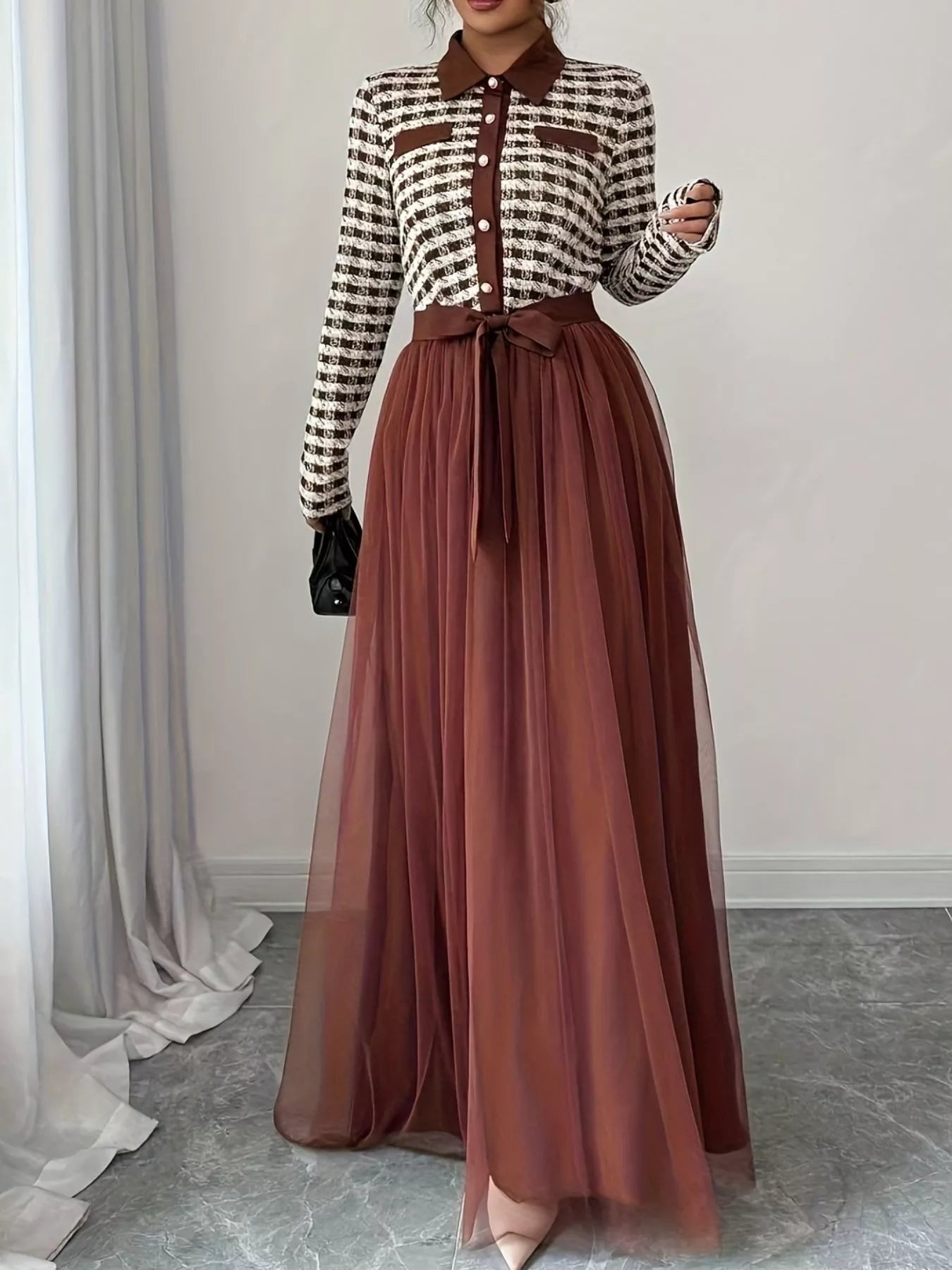 Plaid Long Sleeve Tulle Maxi Dress