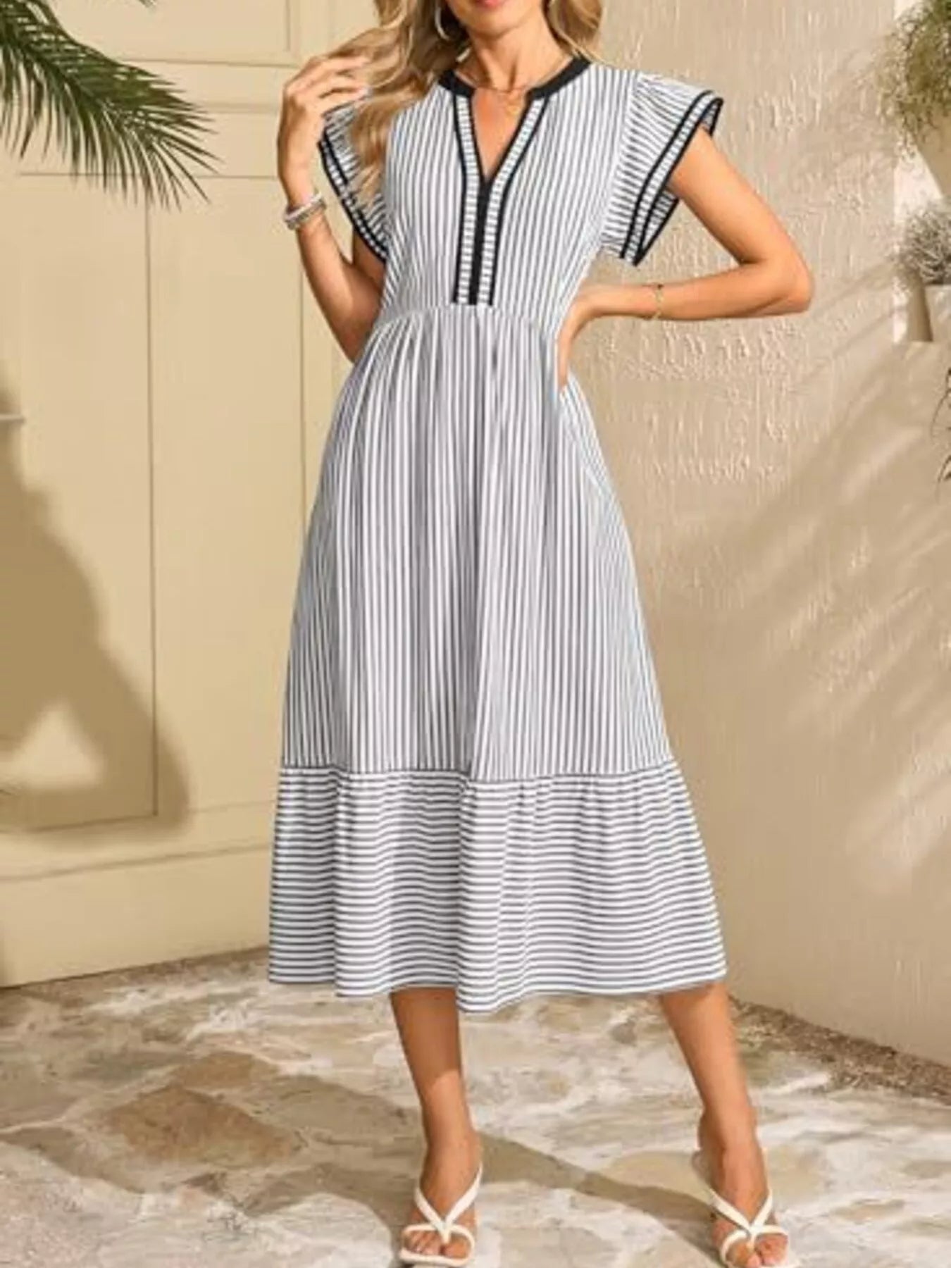 Striped Notched Ruffle Sleeve Dress