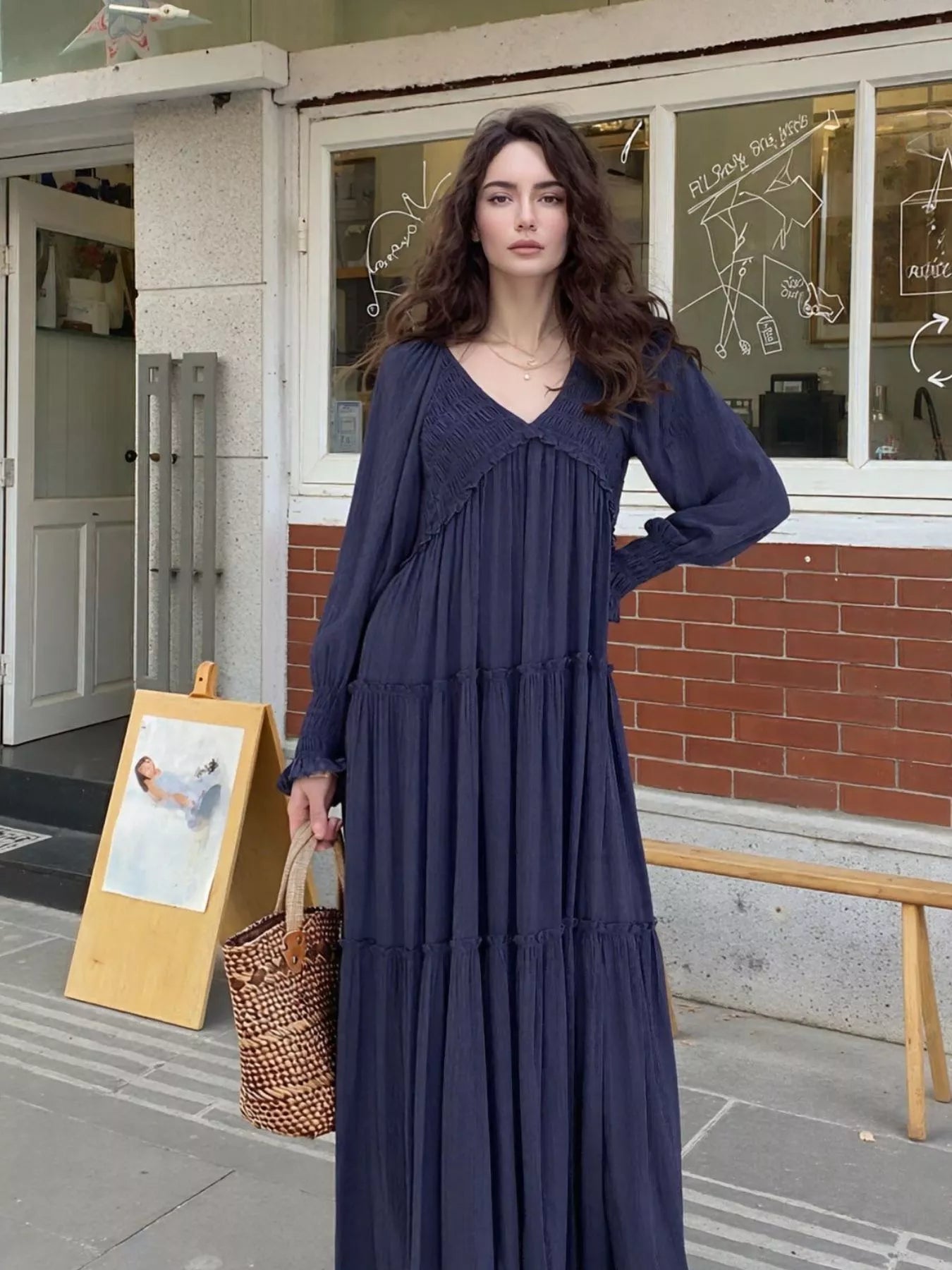 V-Neck Long Sleeve Tiered Maxi Dress