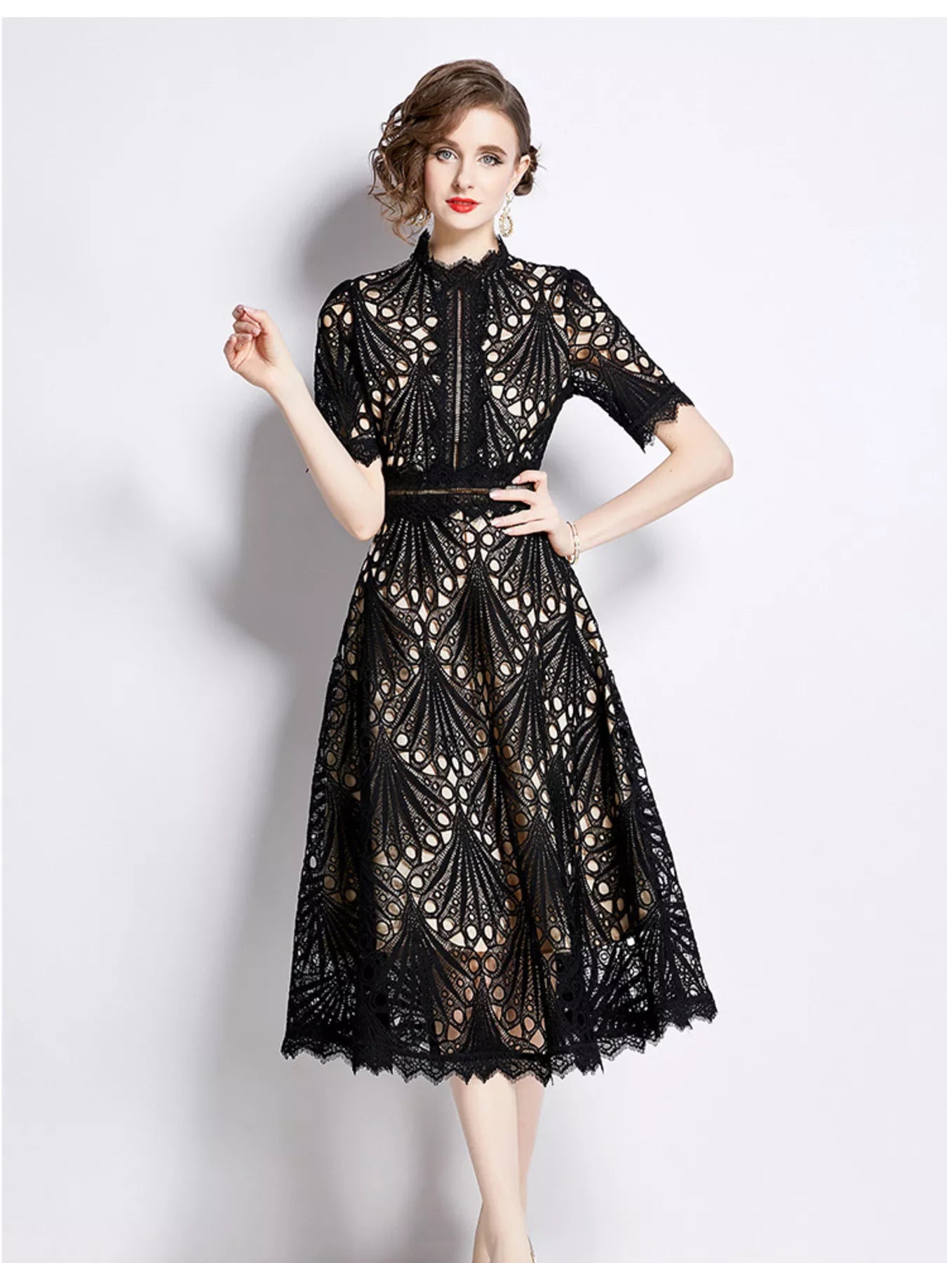 Full Size Lace Short Sleeve Midi Dress Plus Size