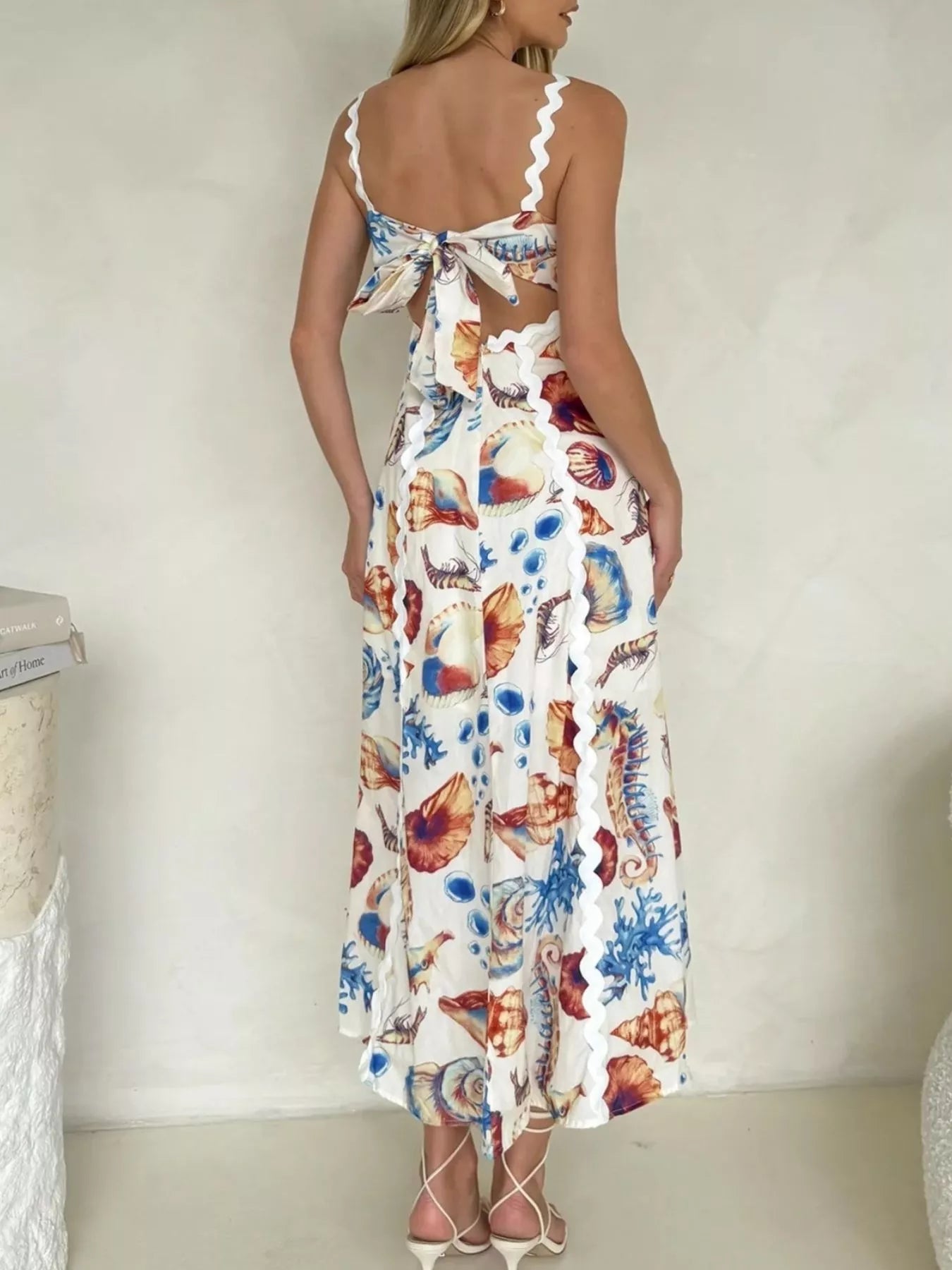 Seashell Print Scalloped Midi Dress