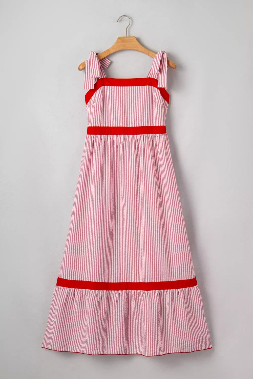 Stripe Bow Knot Straps Contrast Trim High Waist Ruffle Hem Maxi Dress